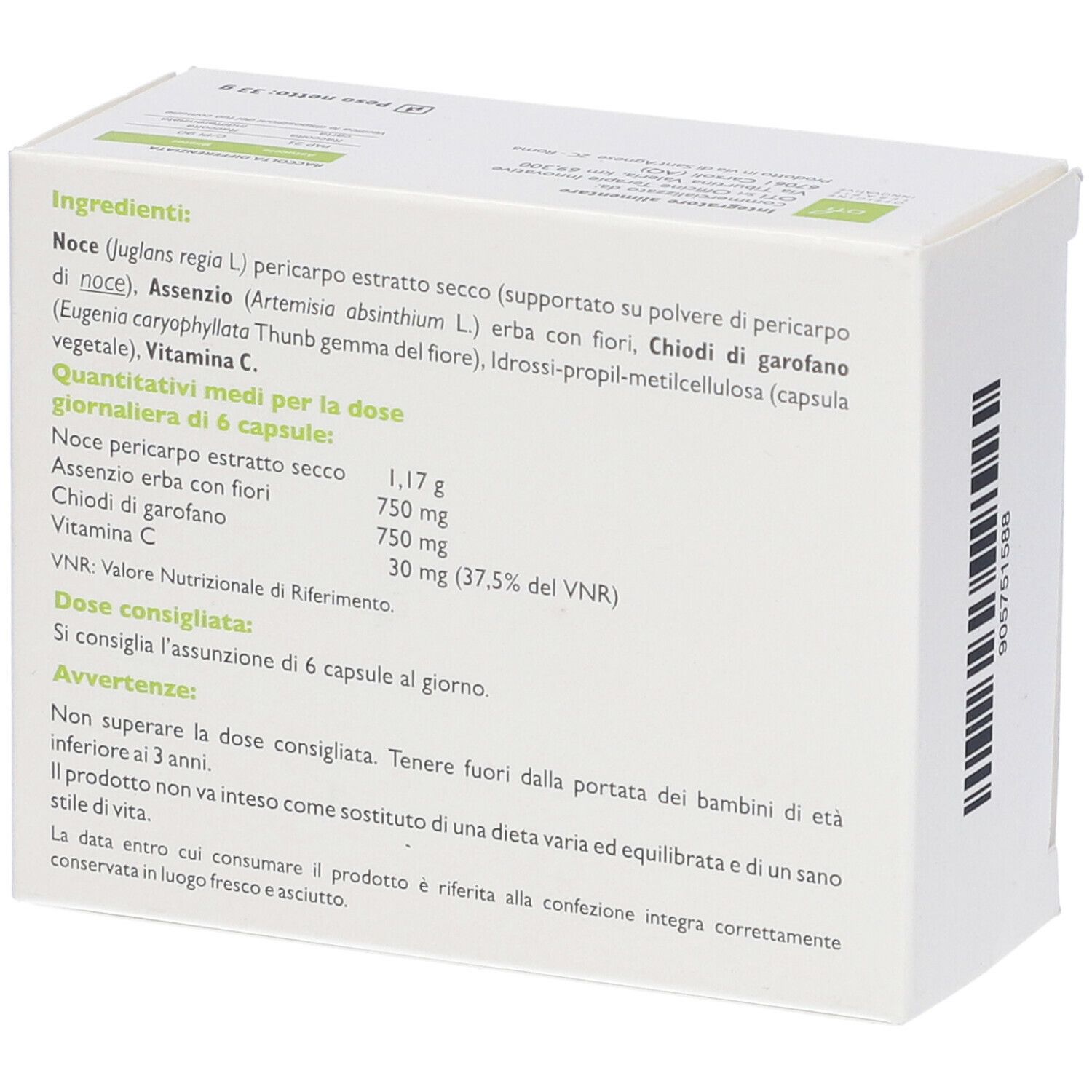 Retro della confezione "oti trinux". Lista ingredienti, dosaggio e avvertenze stampate.