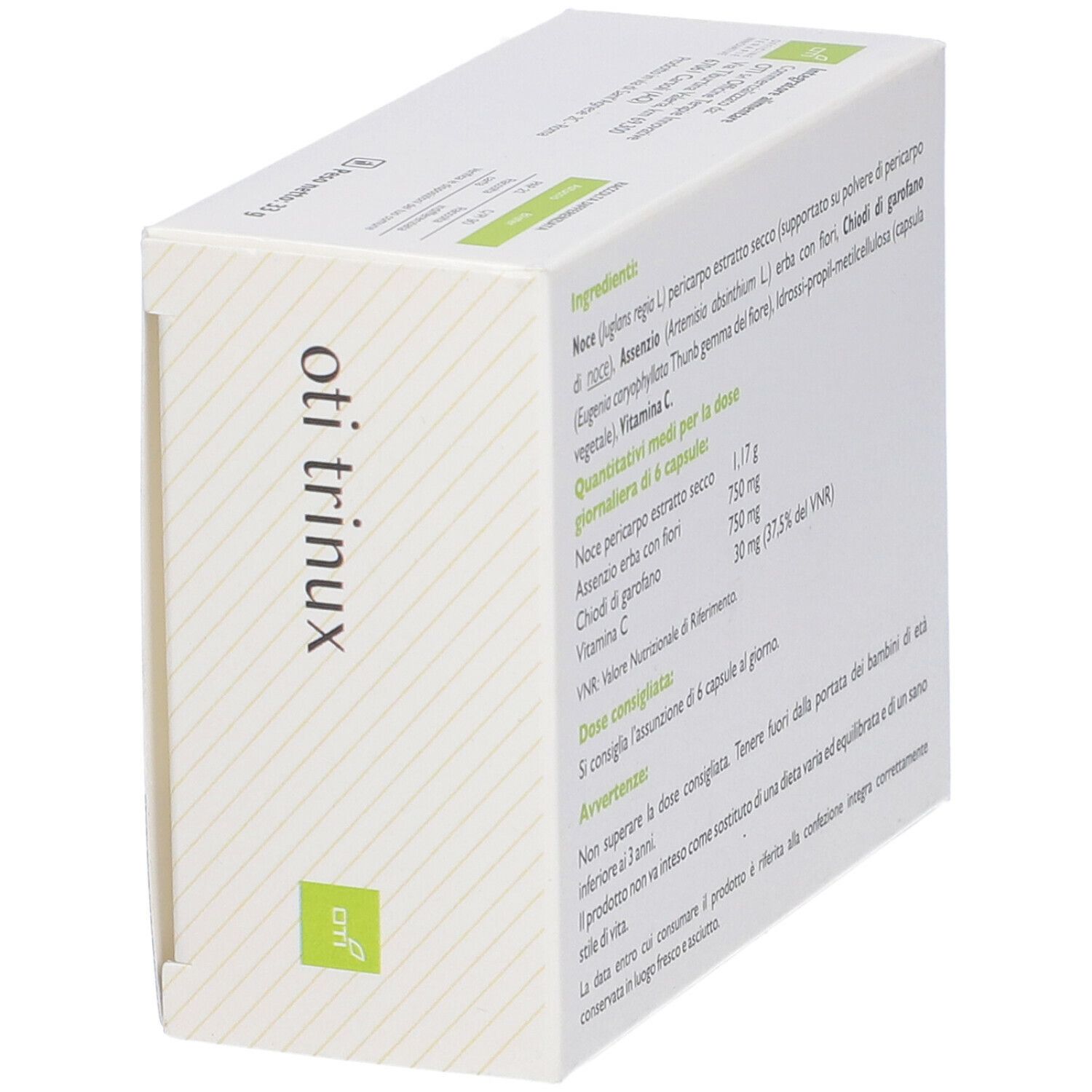Scatola "oti trinux", vista obliqua. Informazioni e lista ingredienti su sfondo bianco.