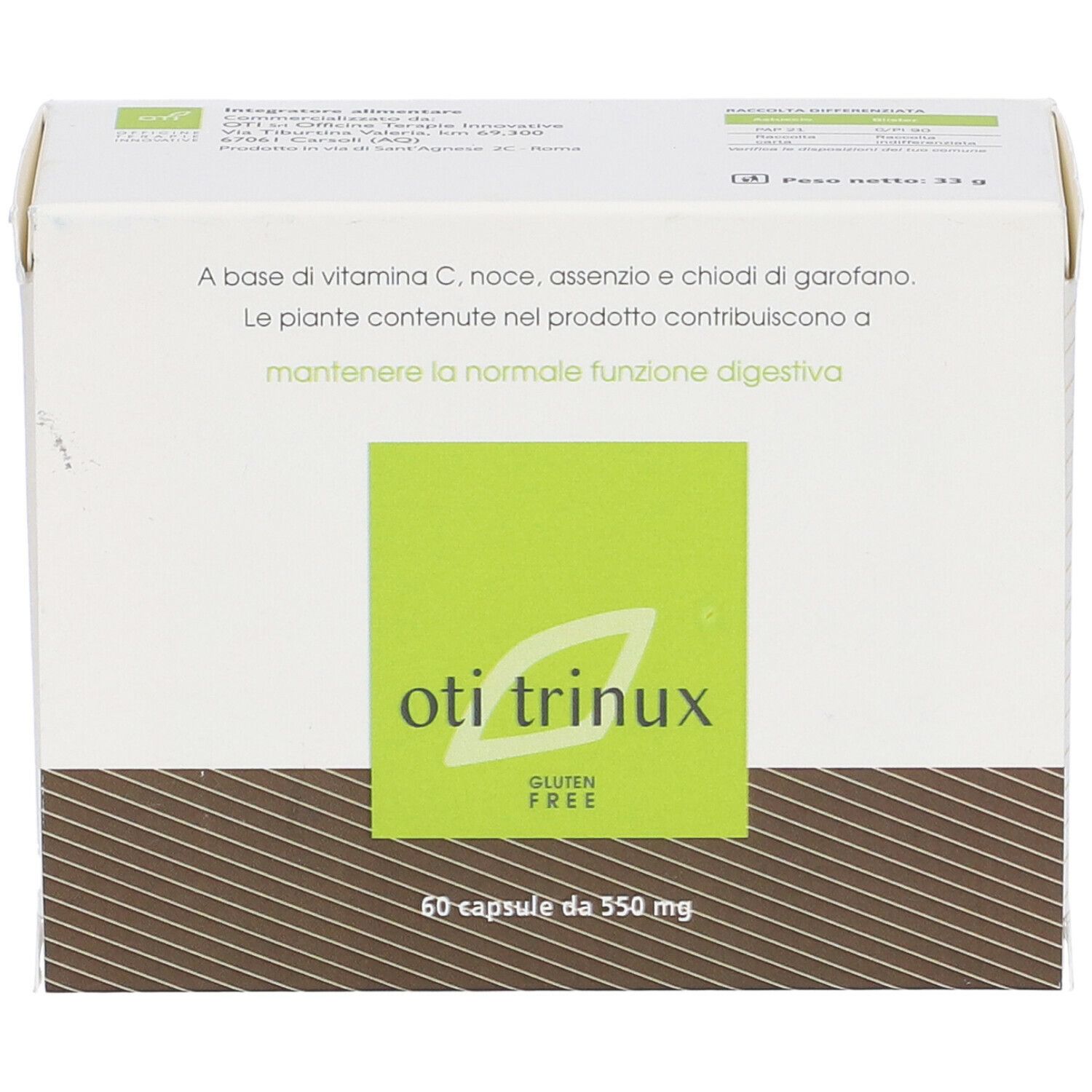 Scatola "oti trinux" con 60 capsule. Confezione verde e bianca con informazioni e scritta senza glutine.