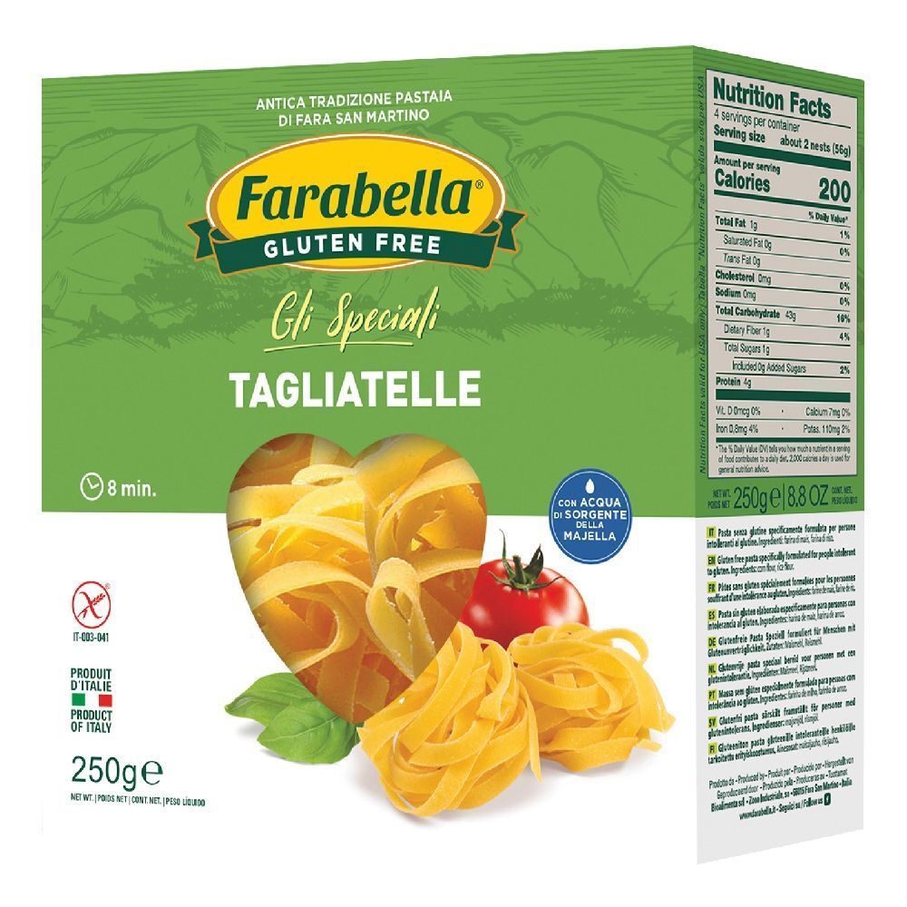 Confezione di Tagliatelle Farabella senza glutine. Confezione verde con immagini del prodotto e informazioni nutrizionali. 250g.