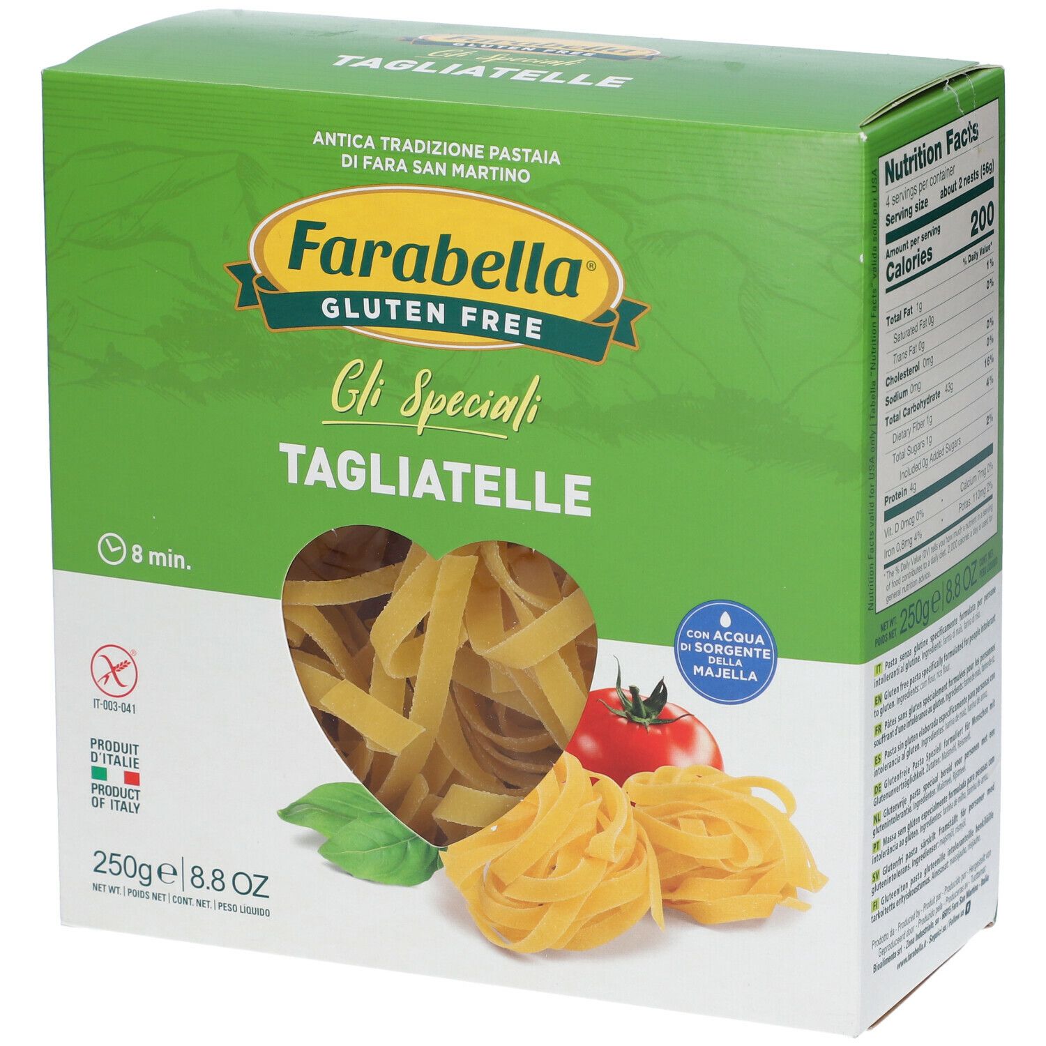 Confezione di Tagliatelle Farabella senza glutine. Confezione verde con immagini del prodotto e testo. 250g.