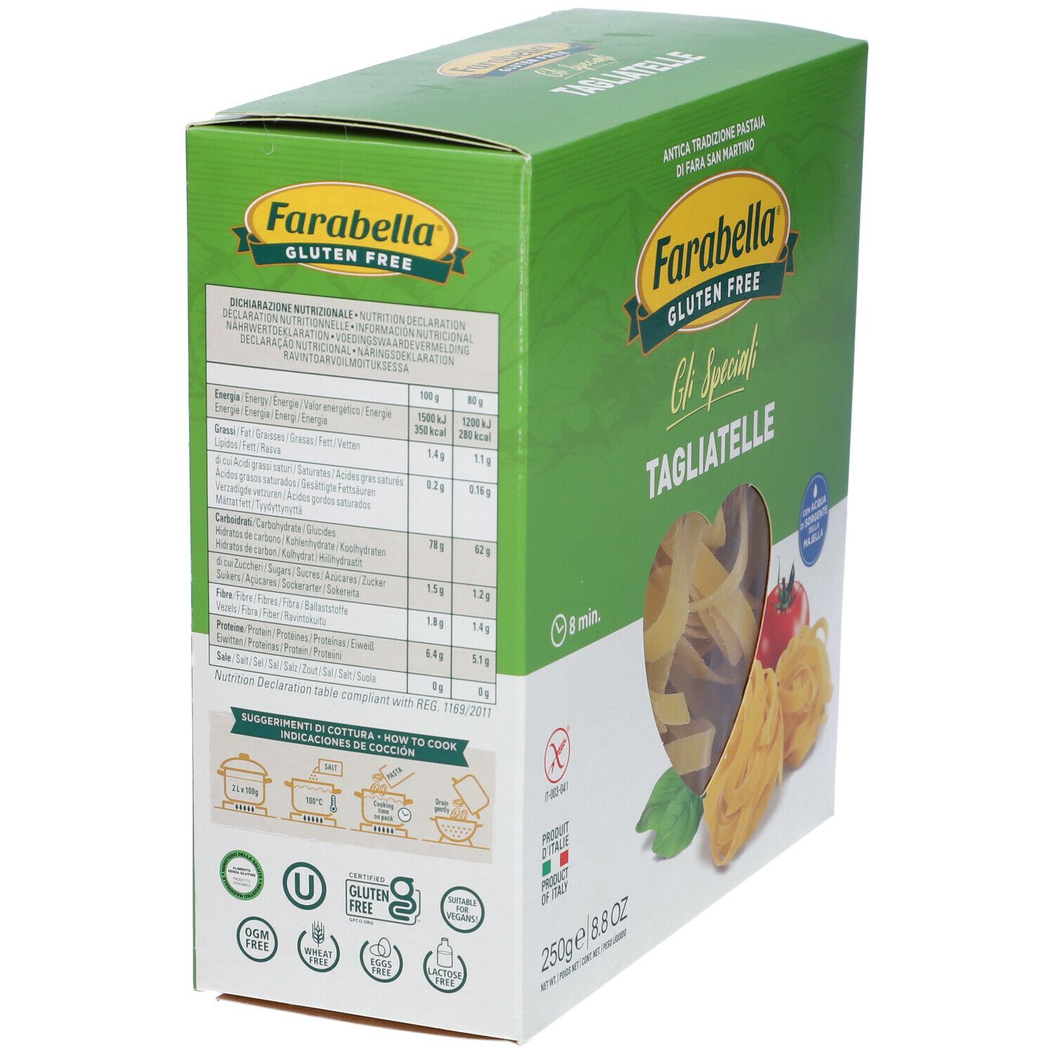 Retro della confezione di Tagliatelle Farabella senza glutine. Confezione verde con testo e immagini. 250g.