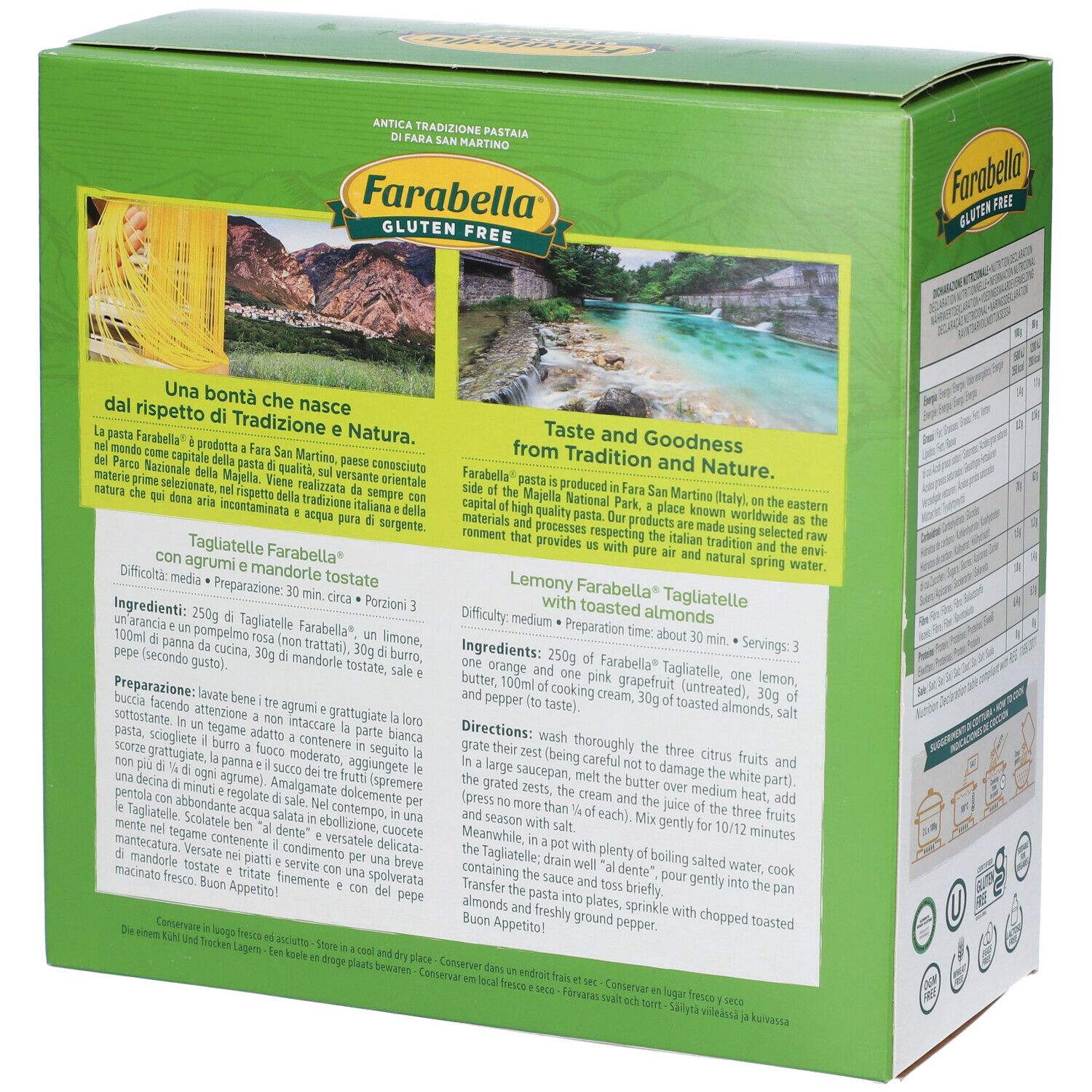 Retro della confezione di Tagliatelle Farabella senza glutine. Confezione verde con testo e immagini. 250g.