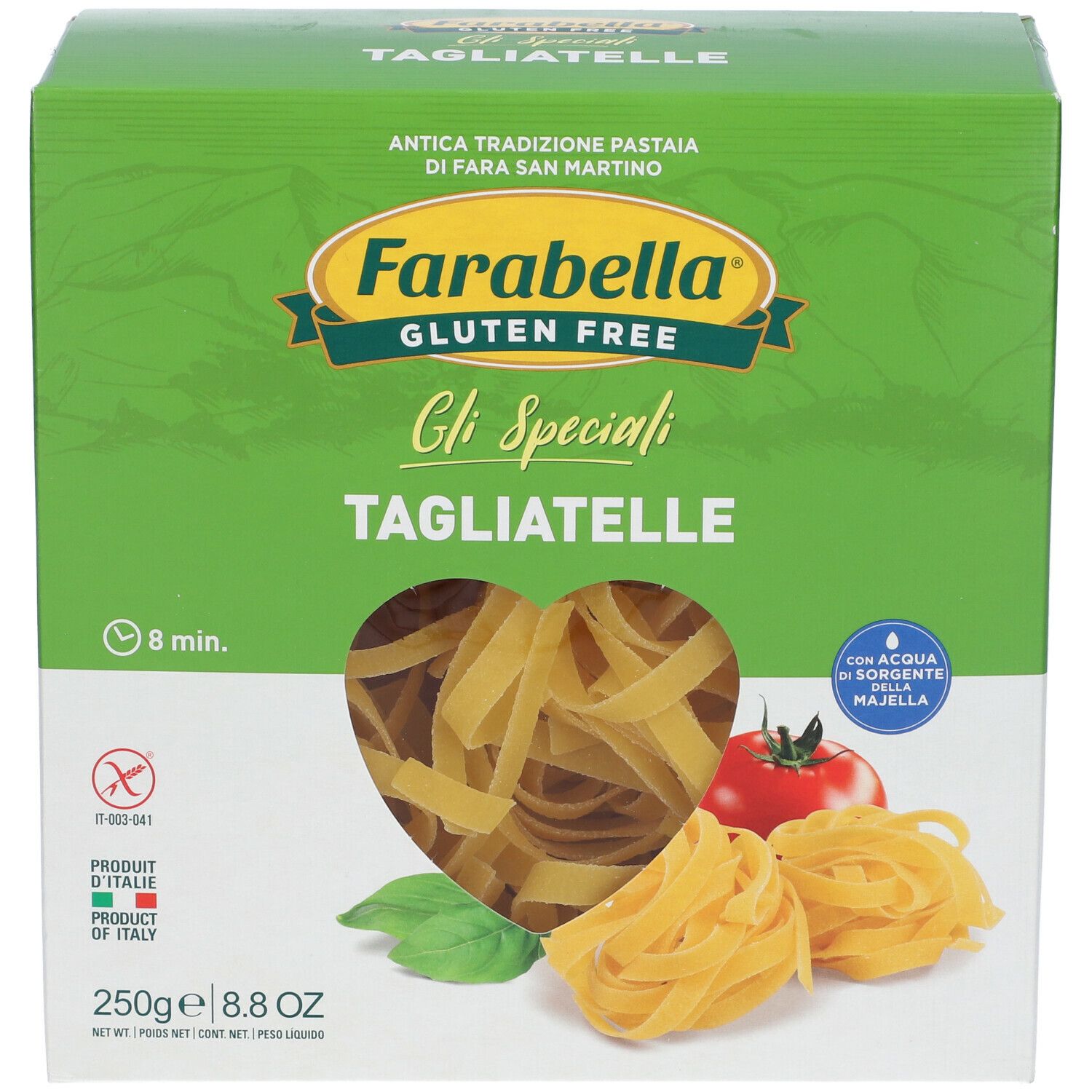 Confezione di Tagliatelle Farabella senza glutine. Confezione verde con immagini del prodotto e testo. 250g.