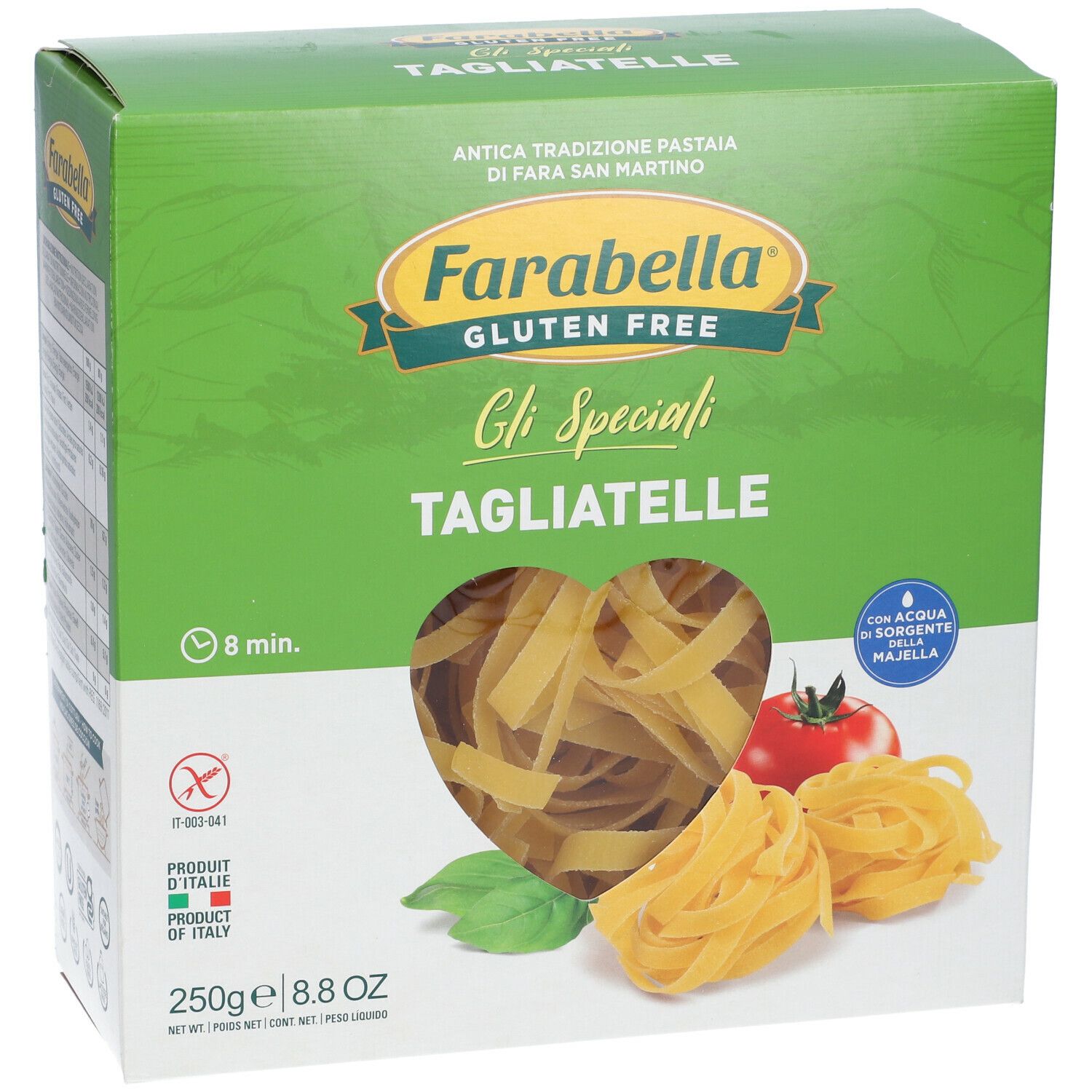 Confezione di Tagliatelle Farabella senza glutine. Confezione verde con immagini del prodotto e testo. 250g.