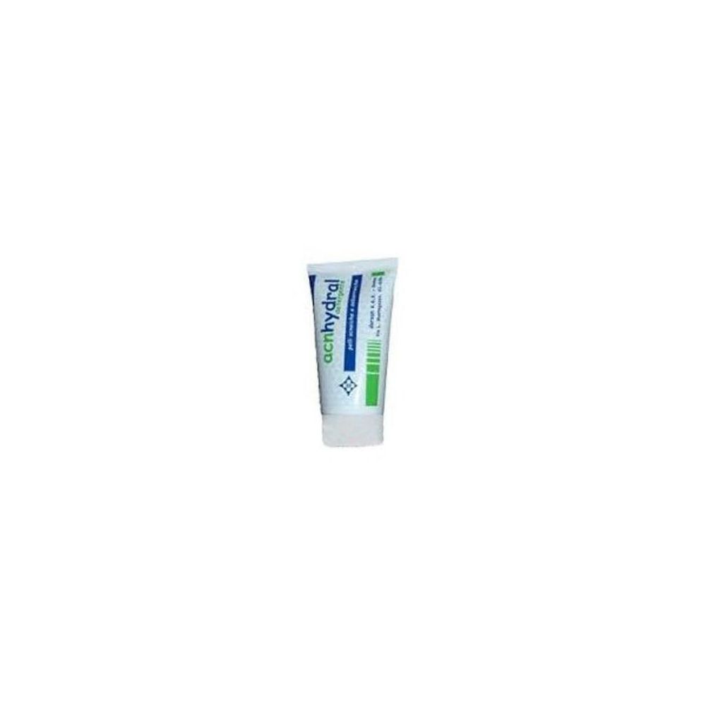 Tubo con tappo bianco. Scritta 'acnhydral' e strisce verdi. Testo blu e verde.