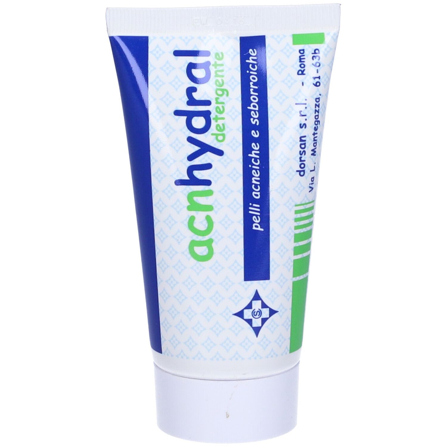 Primo piano di un prodotto in tubo. Scritta 'acnhydral detergente'. Colori blu, verde e bianco.