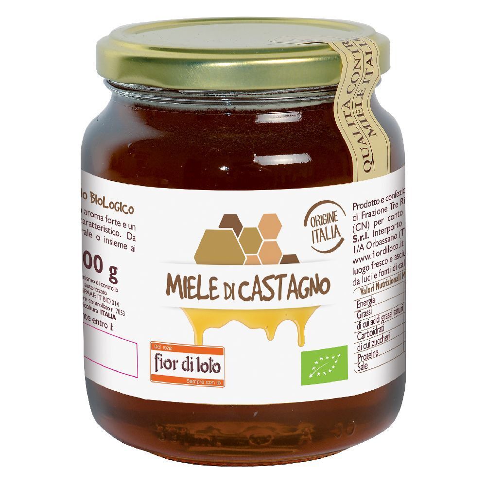 Vasetto di miele con etichetta. Scritta: Miele di Castagno Bio, 500 g. Con indicazione di origine italiana e marchio biologico.
