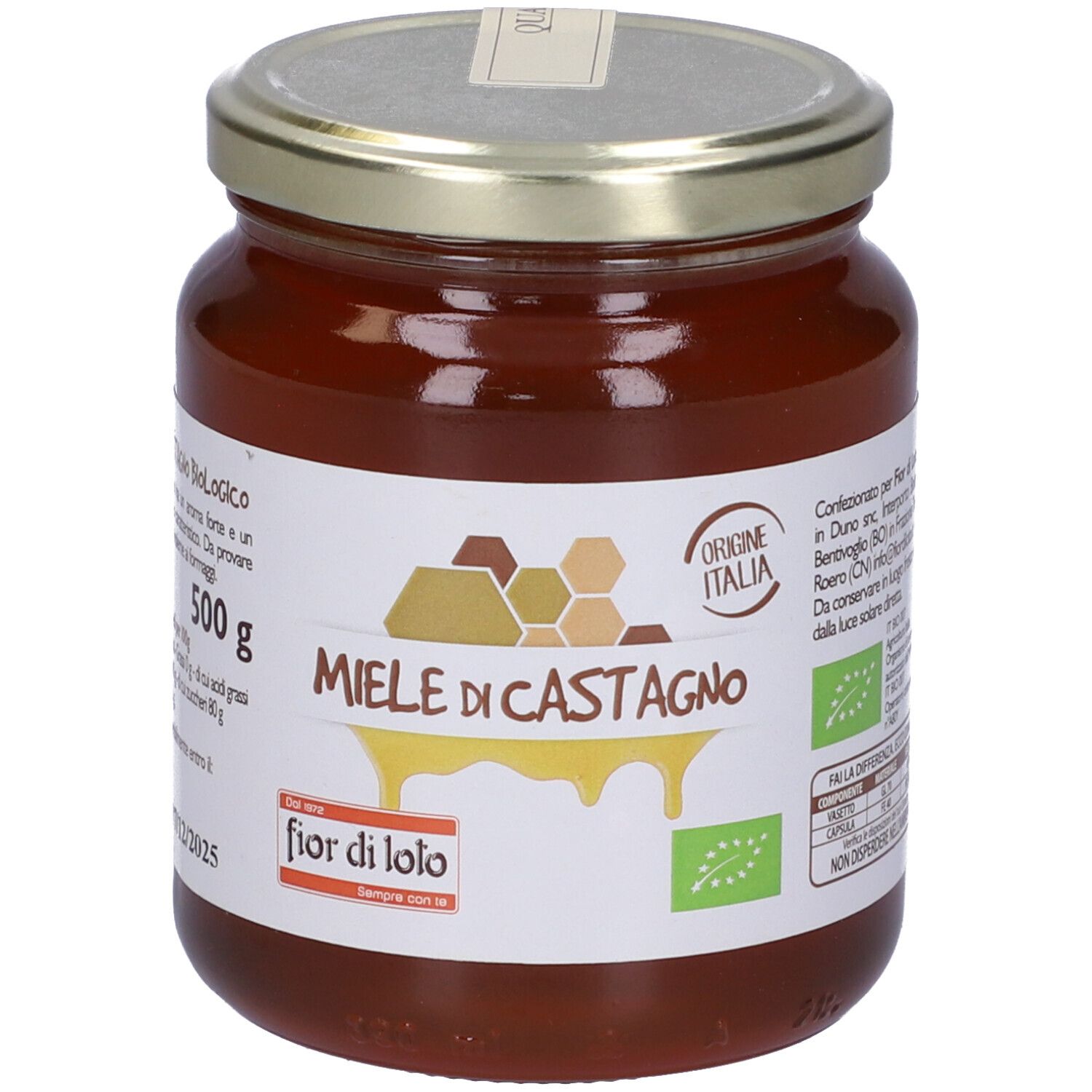Vasetto di miele con etichetta. Scritta: Miele di Castagno, 500 g. Con indicazione di origine italiana e marchio biologico.