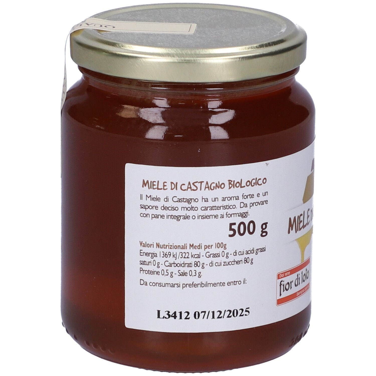 Vasetto di miele con etichetta. Scritta: Miele di Castagno Biologico, 500 g. Con indicazione di origine italiana e marchio biologico.