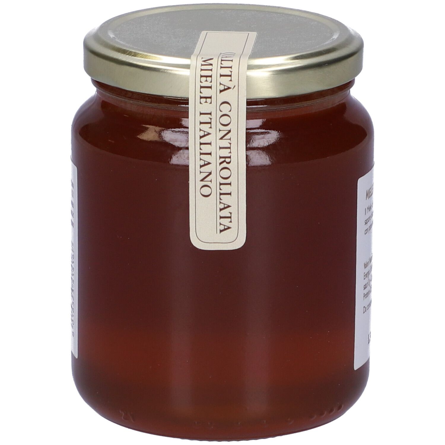 Vasetto di miele con etichetta. Scritta: Miele di Castagno. Con indicazione di origine italiana e controllo qualità.