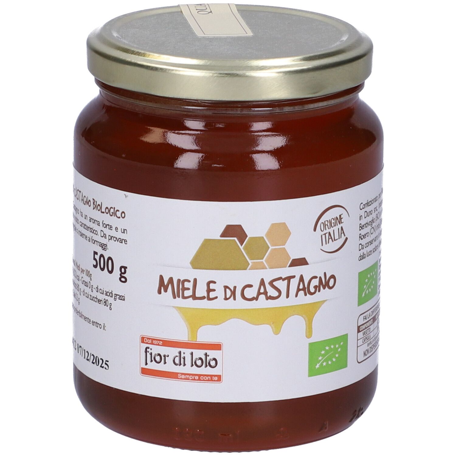 Vasetto di miele con etichetta. Scritta: Miele di Castagno Biologico, 500 g. Con indicazione di origine italiana e marchio biologico.