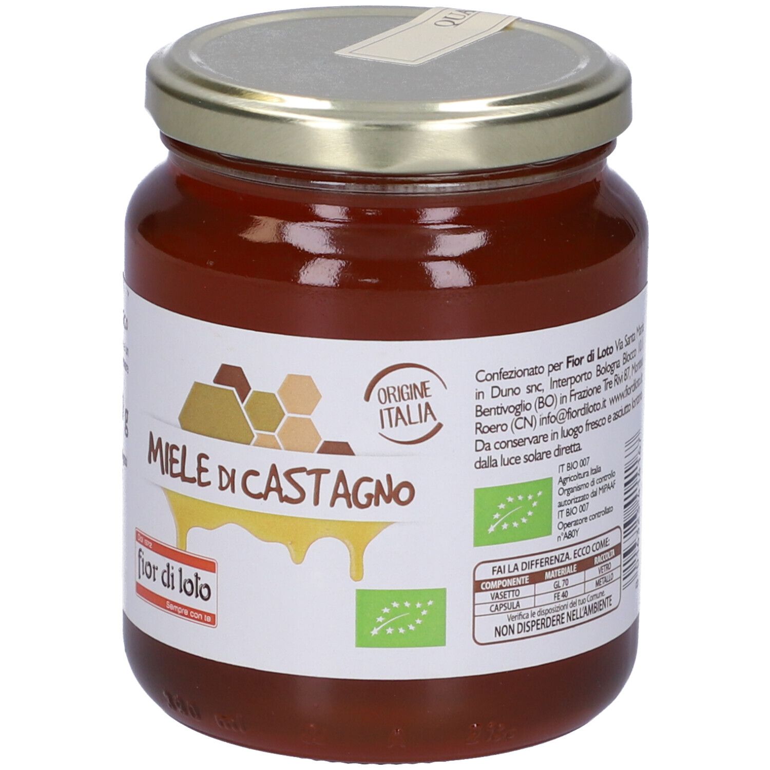 Vasetto di miele con etichetta. Scritta: Miele di Castagno. Con indicazione di origine italiana e marchio biologico.