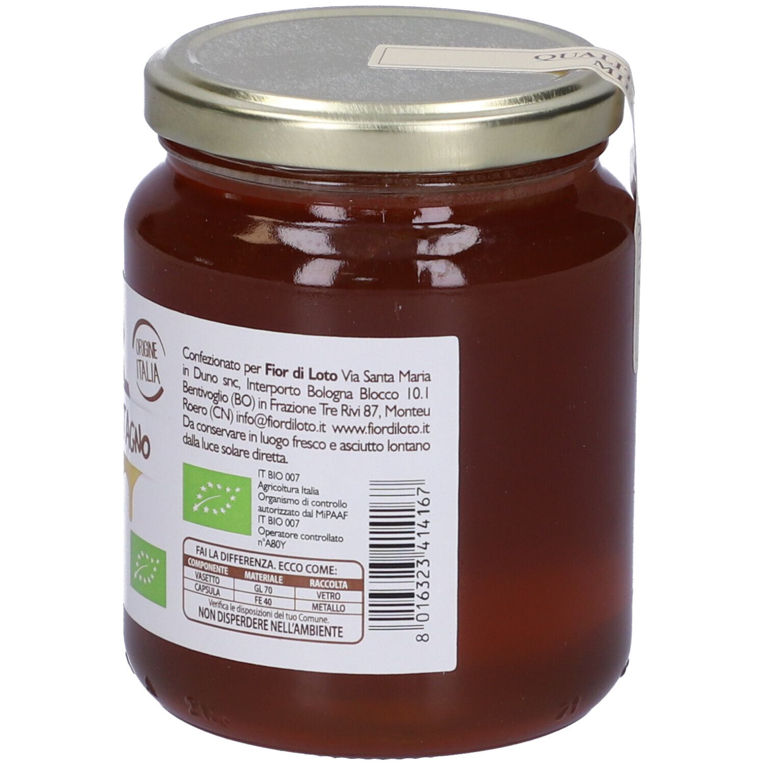 Vasetto di miele con etichetta. Scritta: Miele di Castagno. Con indicazione di origine italiana e marchio biologico.
