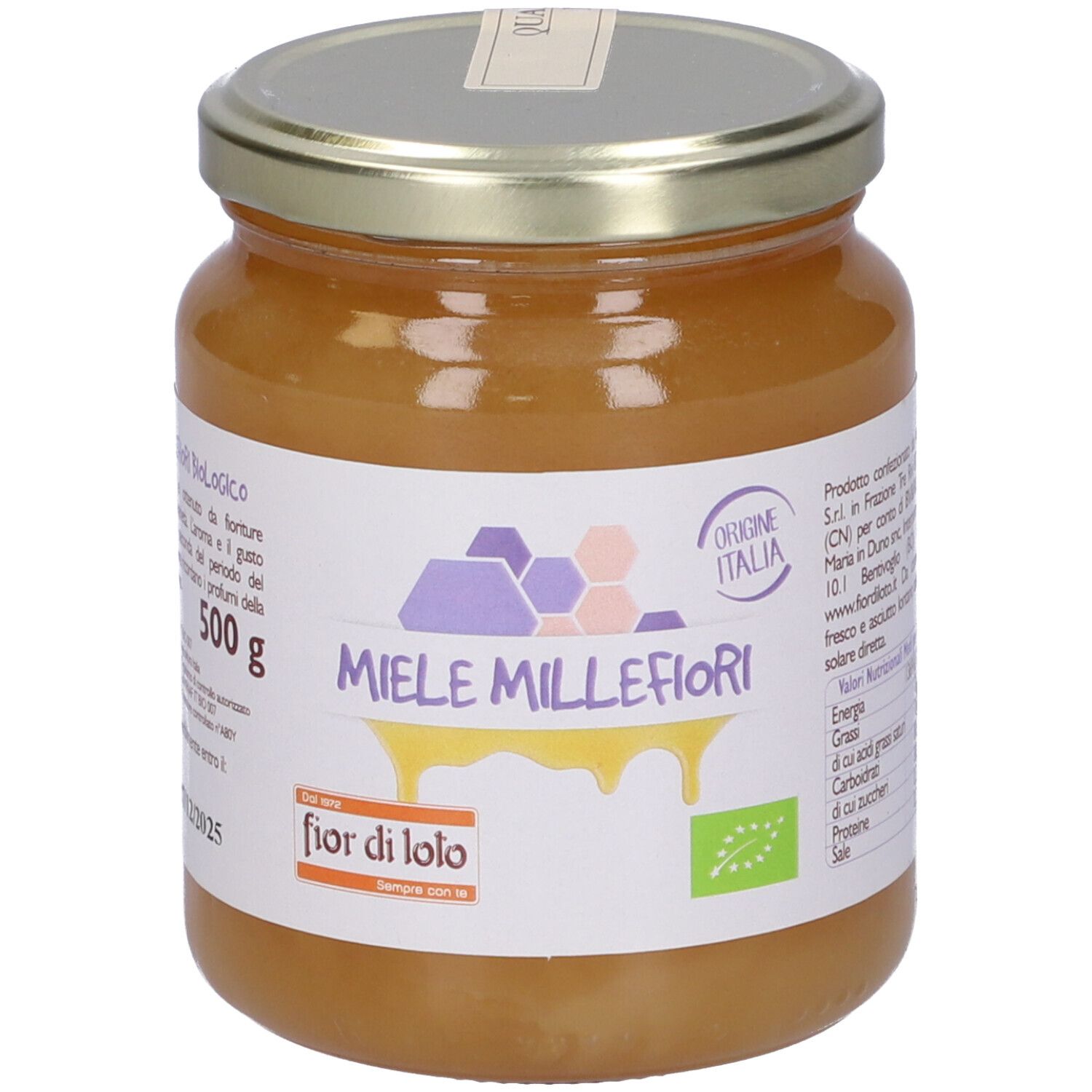Vasetto di miele. Etichetta con scritta Miele Millefiori, 500 g, marchio bio. Indicazione di origine: Origine Italia.