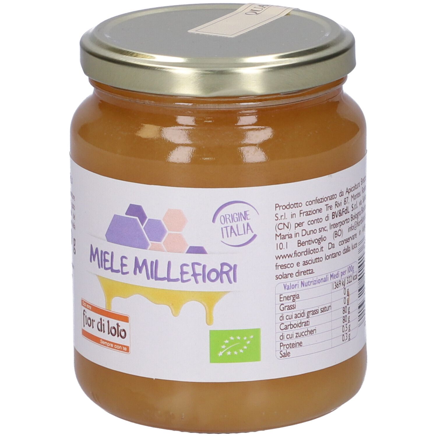 Vasetto di miele. Etichetta con scritta Miele Millefiori, 500 g, marchio bio. Origine Italia. Valori nutrizionali.