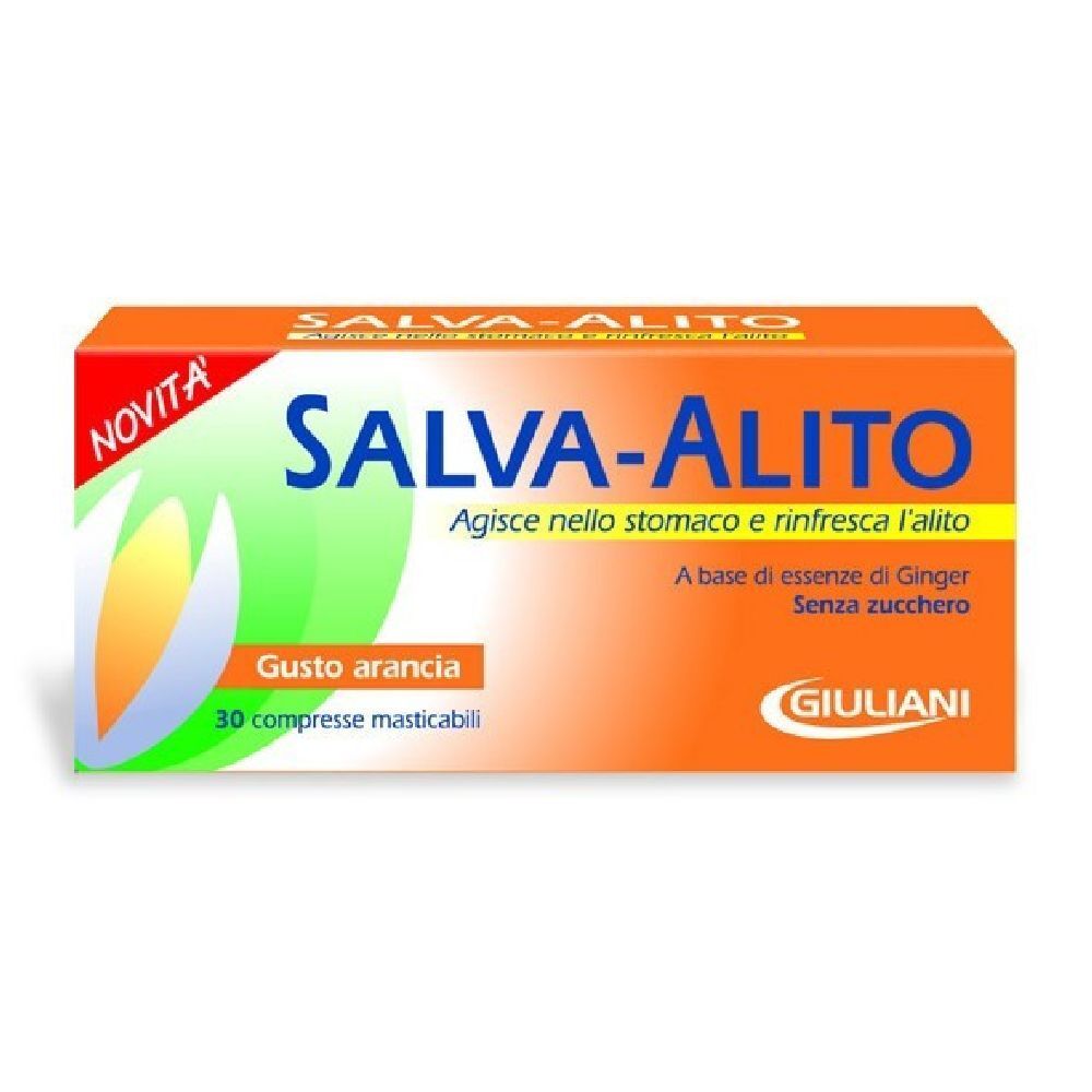 Verpackung mit Salva-Alito, Geschmack Orange. Enthält 30 Kautabletten. Marke Giuliani.