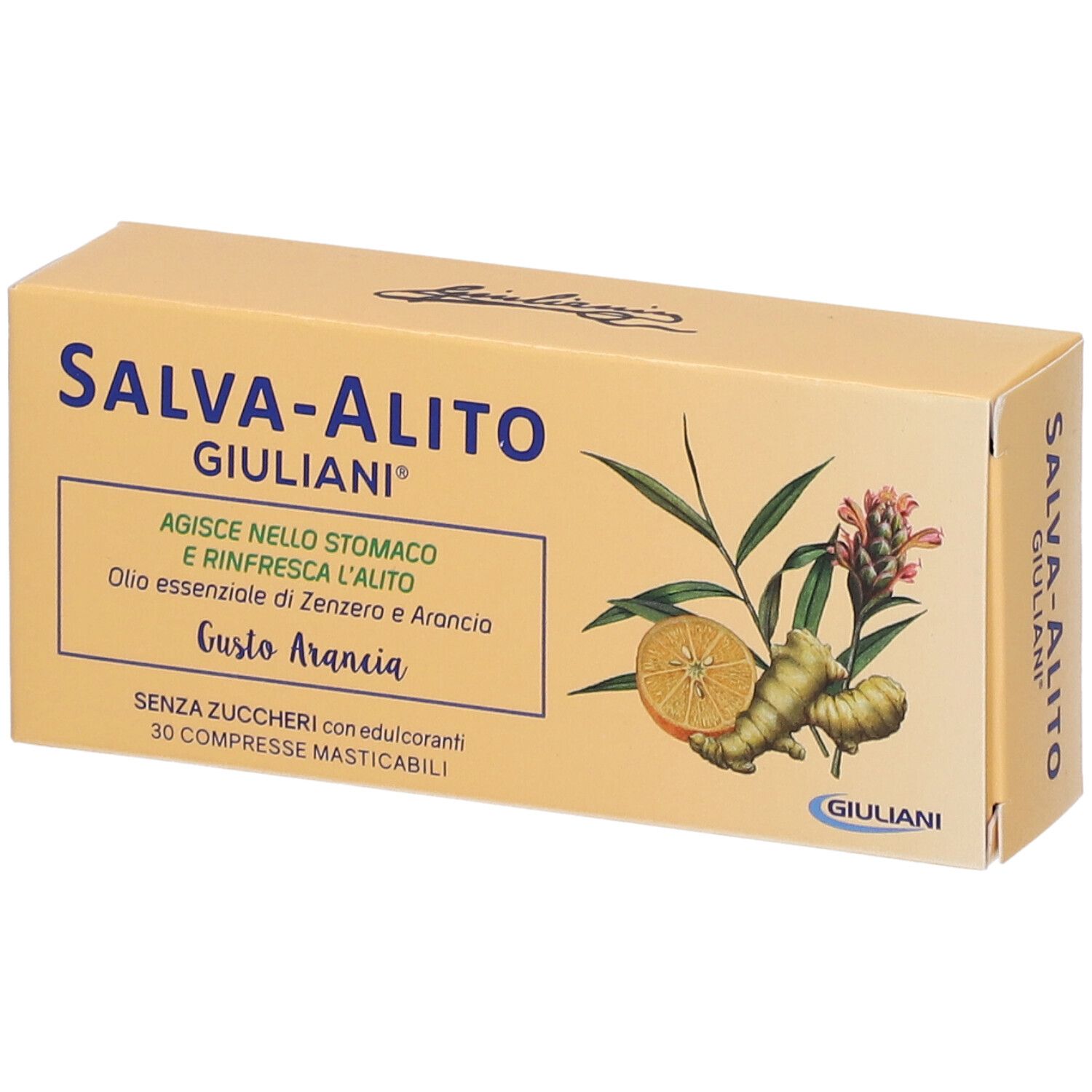 Verpackung Salva-Alito, Marke Giuliani. Mit Illustrationen von Ingwer und Orange. 30 Kautabletten.