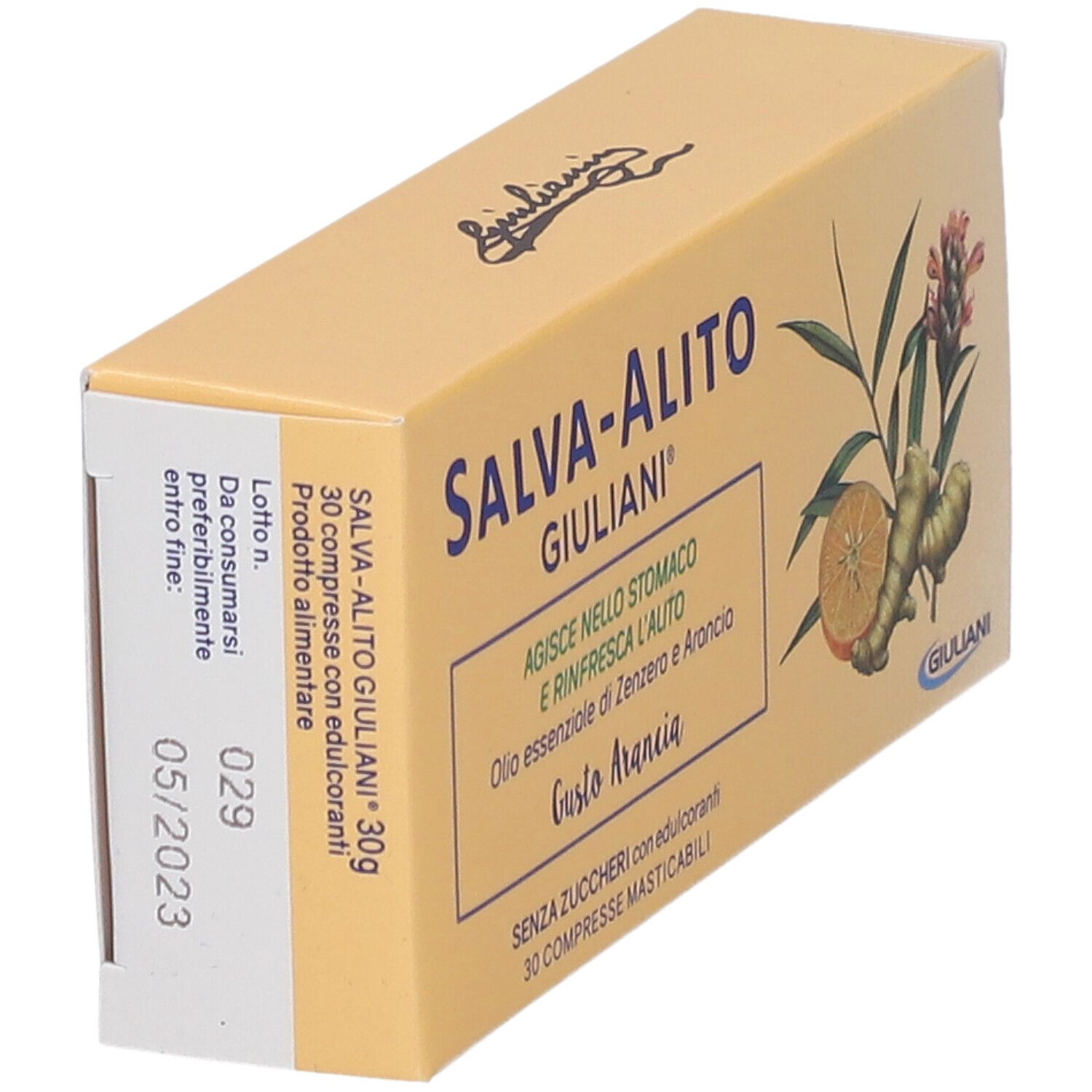 Verpackung Salva-Alito, Marke Giuliani. Mit Ingwer- und Orangenillustrationen. 30 Tabletten. Haltbarkeit bis 05/2023.