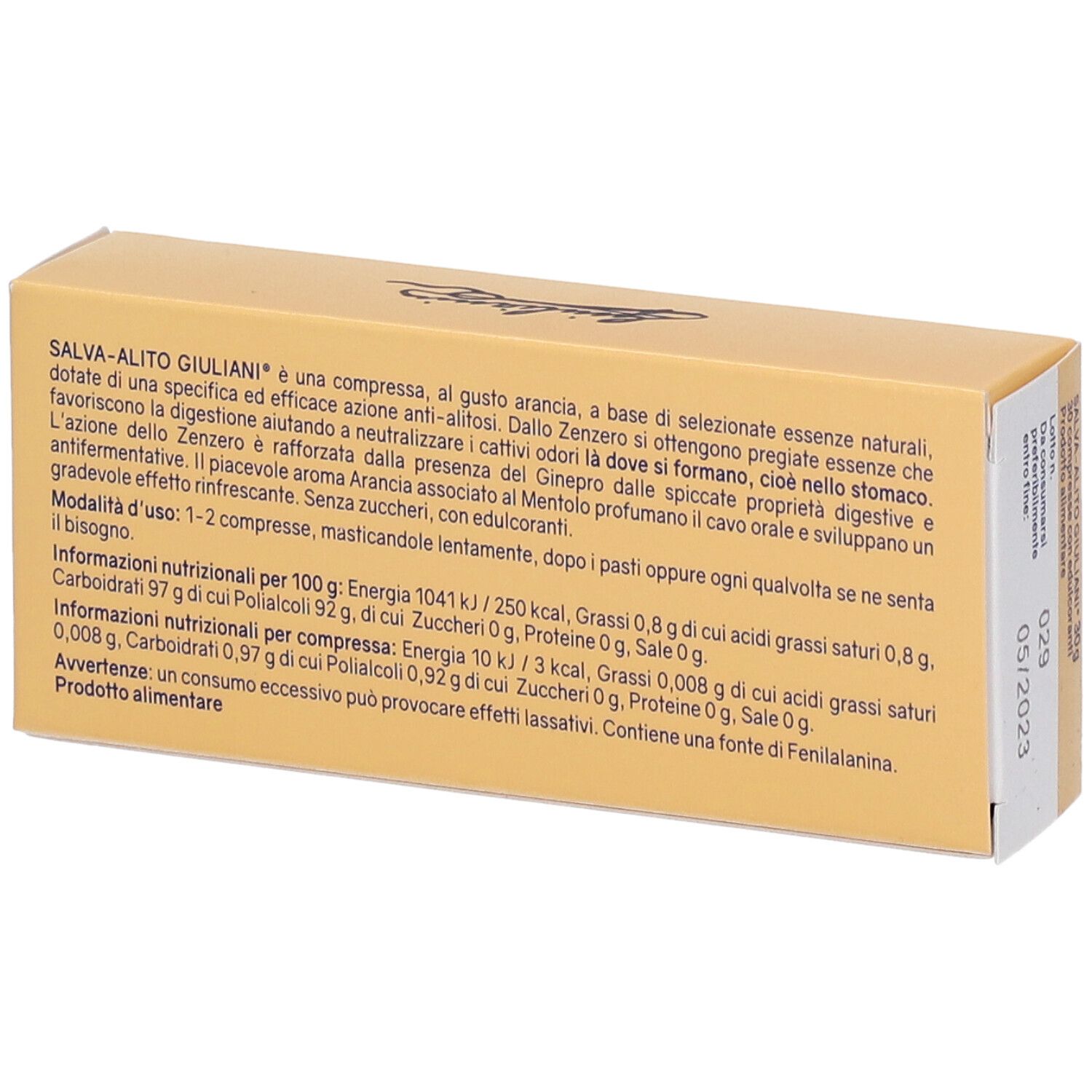Verpackung Salva-Alito, Marke Giuliani. Text und Nährwertangaben. Haltbarkeit bis 05/2023.