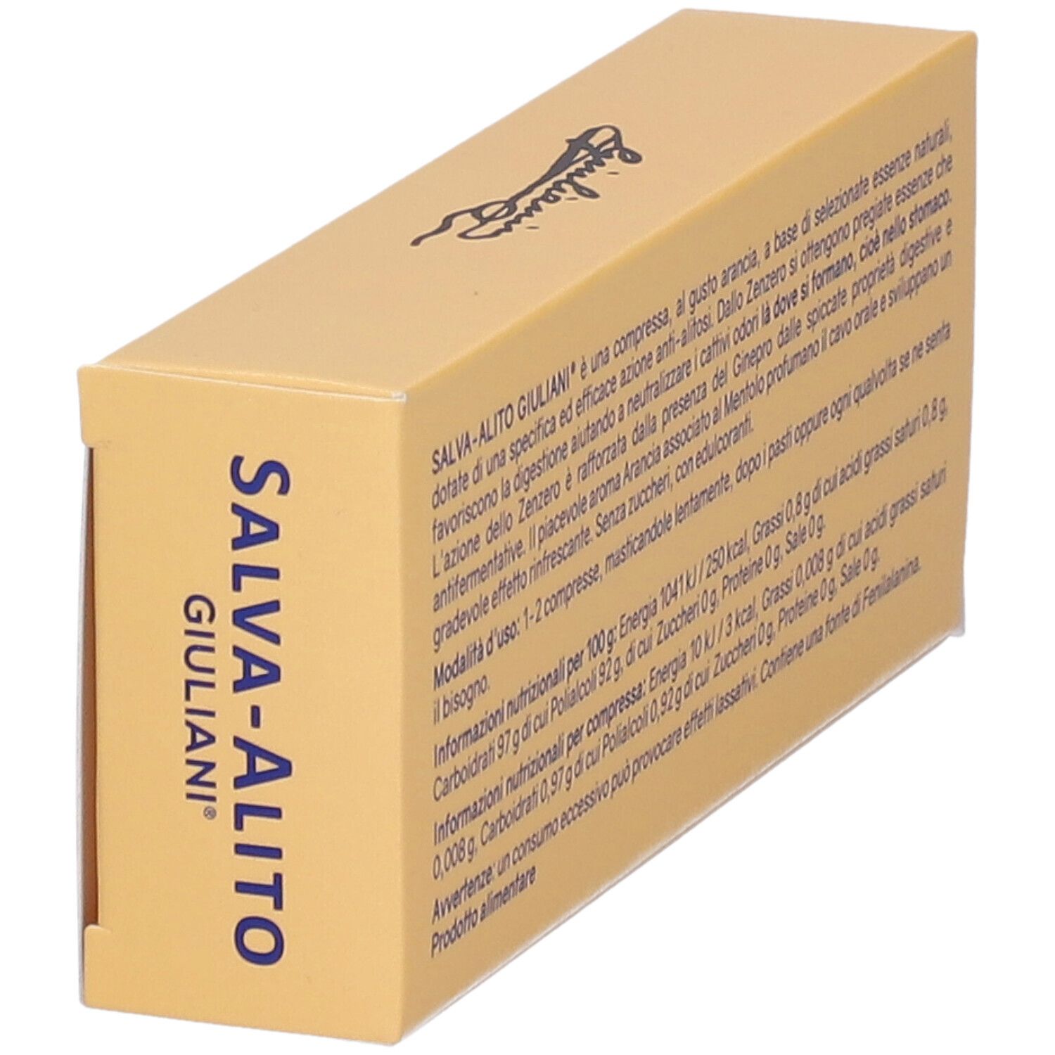 Verpackung Salva-Alito, Marke Giuliani. Text und Nährwertangaben. Schrägansicht.