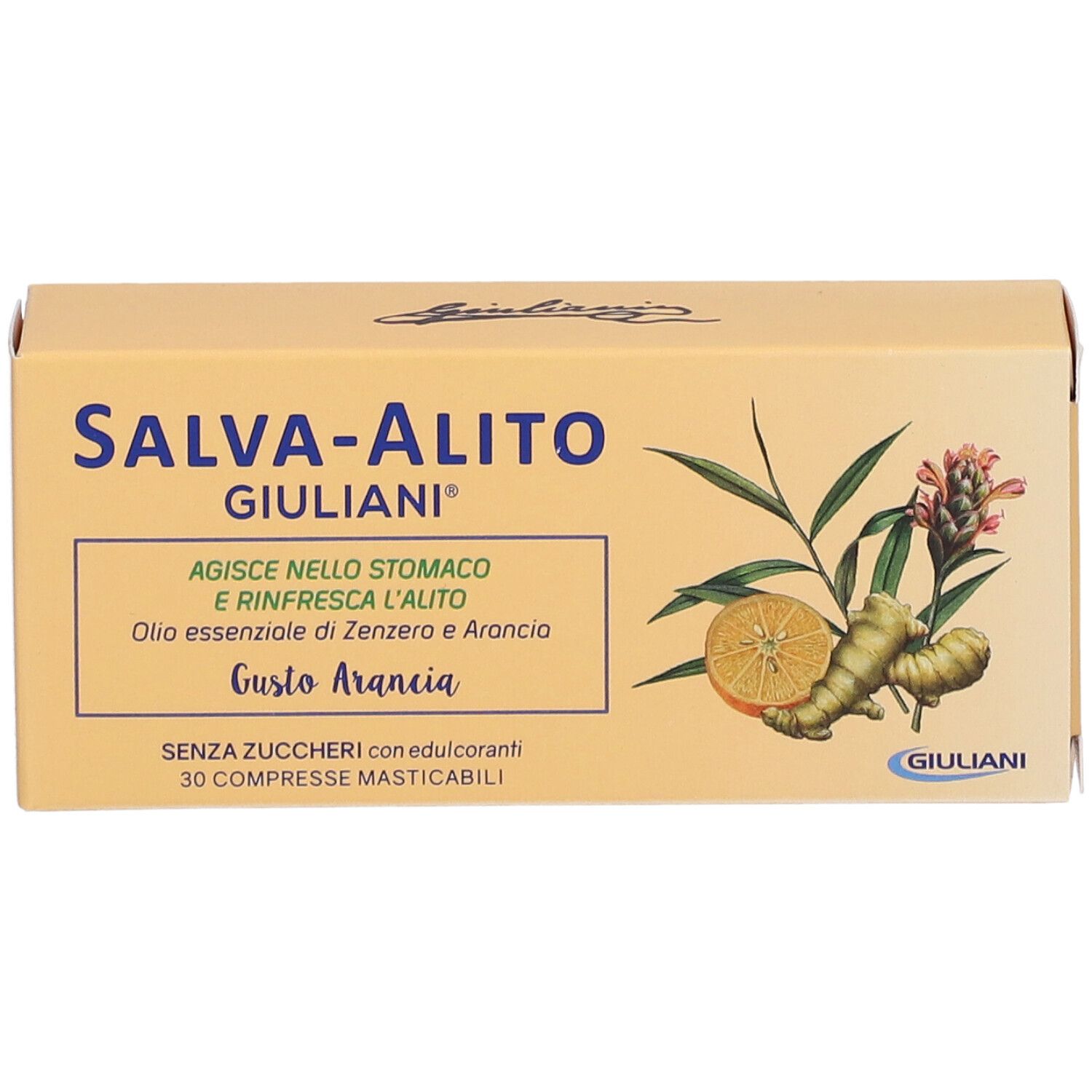 Verpackung Salva-Alito, Marke Giuliani. Mit Ingwer- und Orangenillustrationen. 30 Kautabletten.