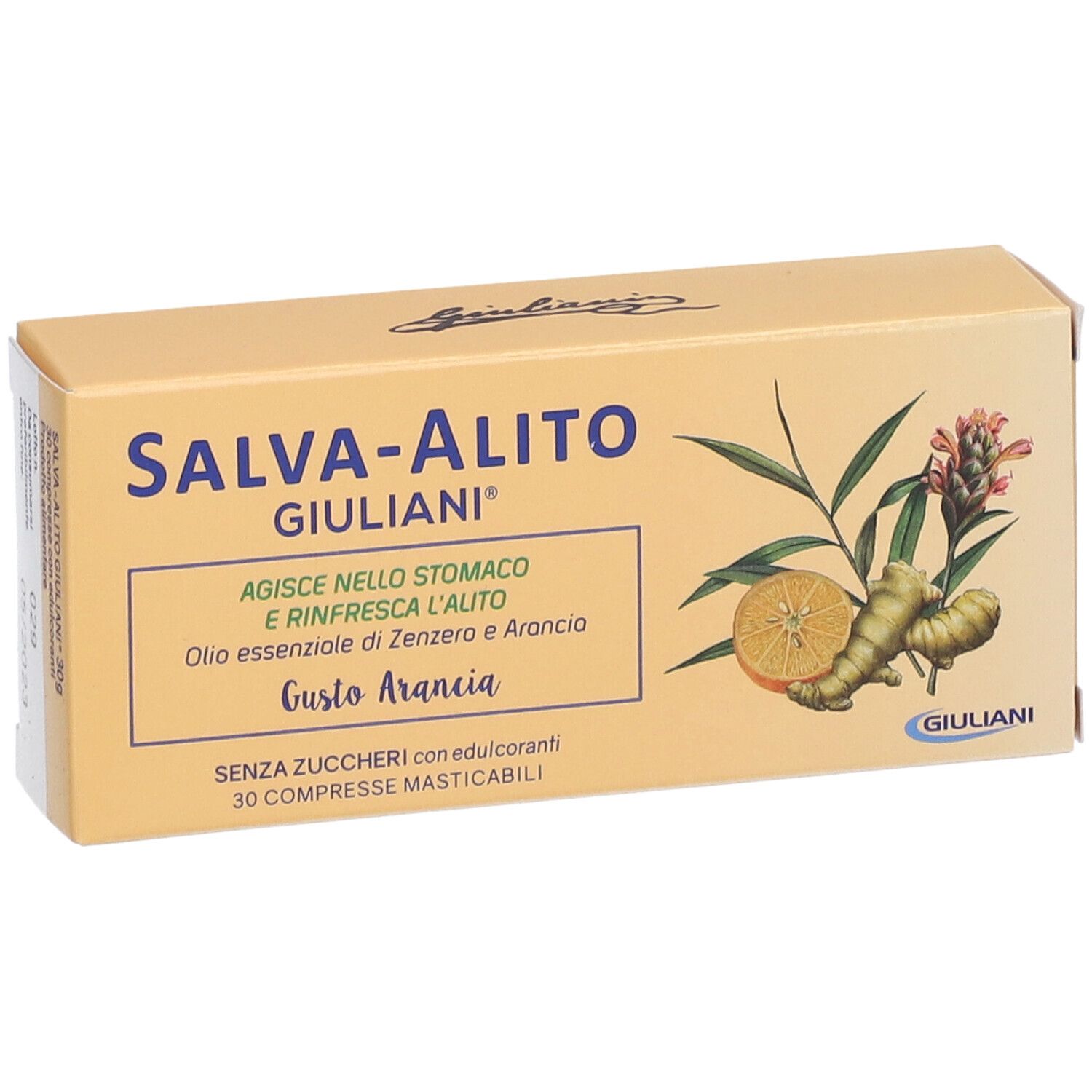 Verpackung Salva-Alito, Marke Giuliani. Mit Ingwer- und Orangenillustrationen. 30 Kautabletten.