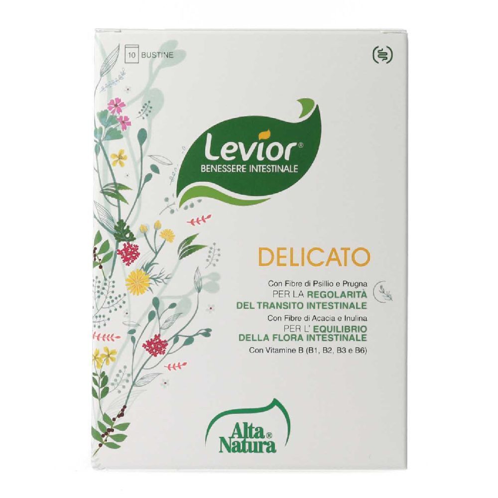 Confezione bianca con decorazioni floreali. Testo: Levior, Delicato, per il benessere intestinale. Marchio Alta Natura. 10 bustine.