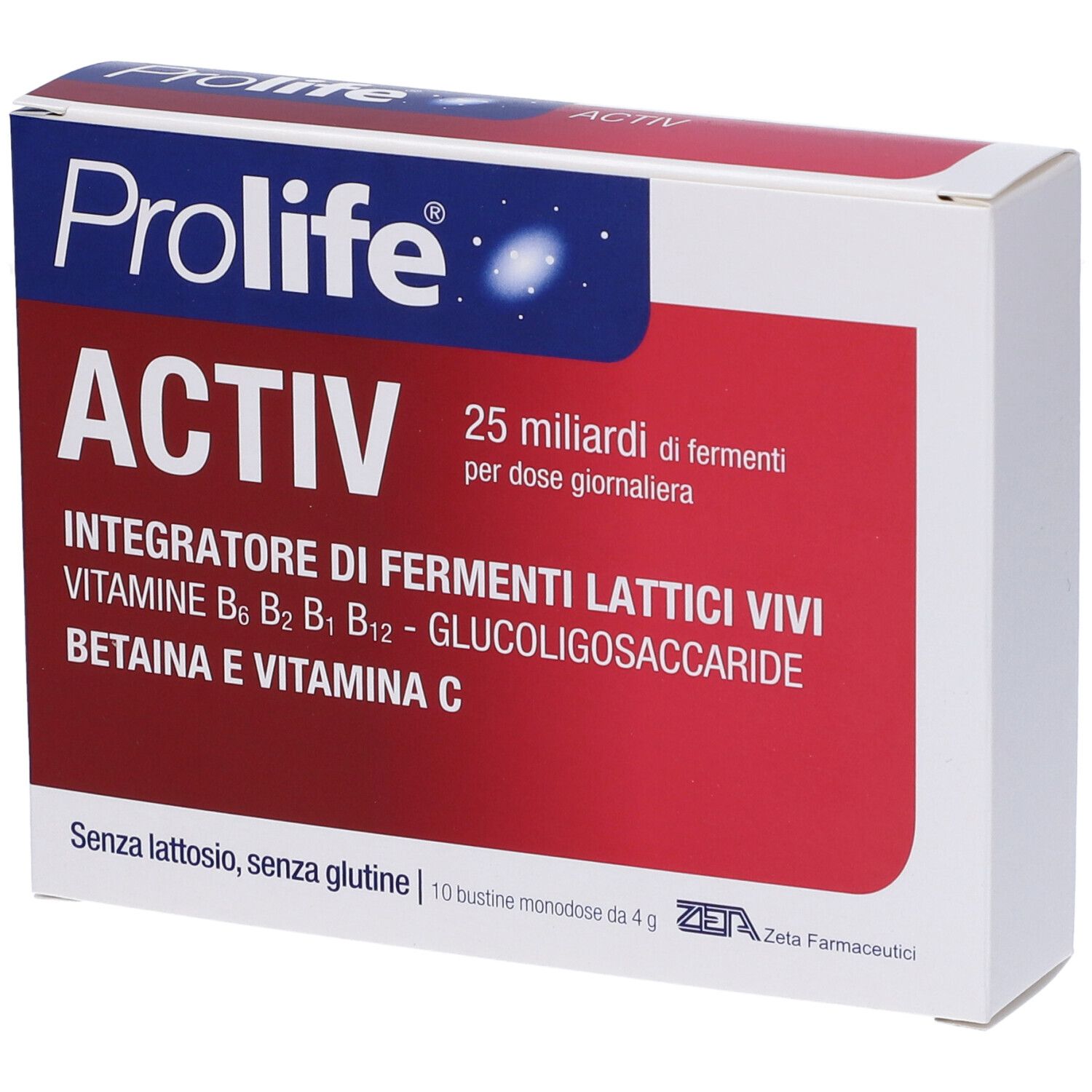 Confezione Prolife® Activ-Beutel. Scatola rossa e bianca con nome del prodotto e informazioni. 25 miliardi per dose.