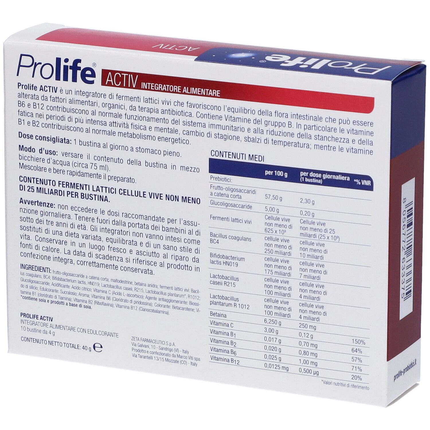Retro della confezione Prolife® Activ-Beutel. Contiene ingredienti, dosaggio e informazioni nutrizionali. Testo in italiano.