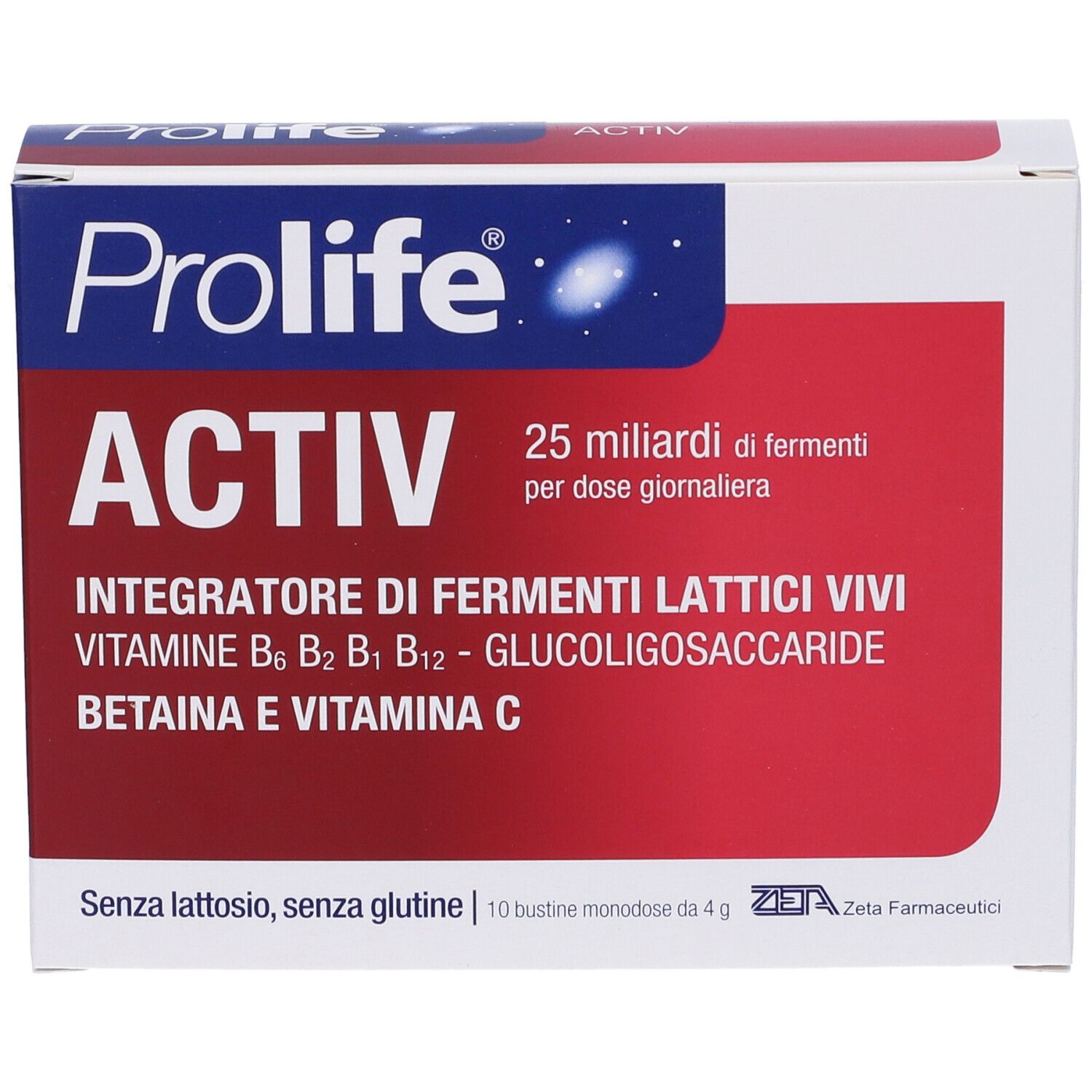 Confezione Prolife® Activ-Beutel. Scatola rossa e bianca con nome del prodotto e informazioni. 25 miliardi per dose.