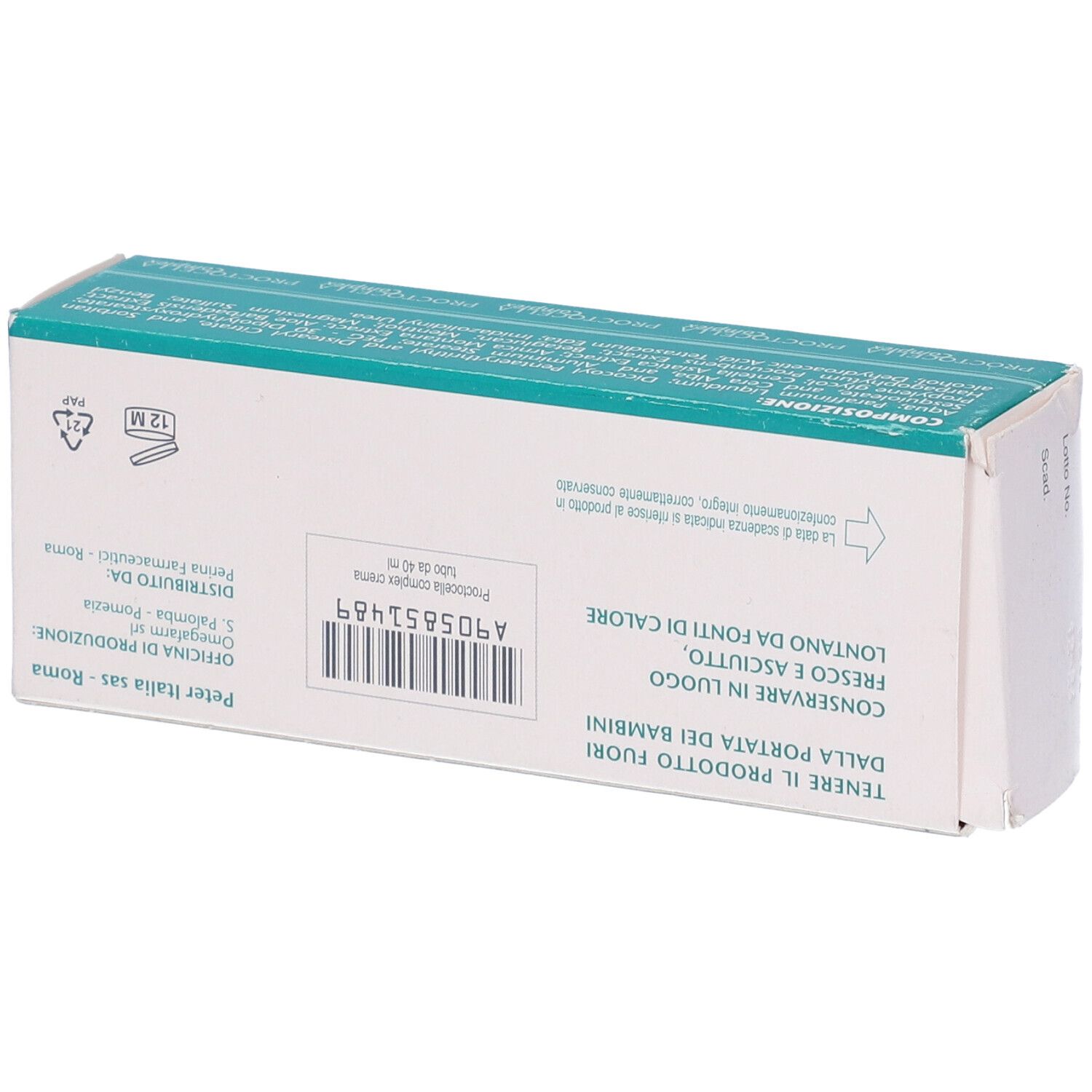 Retro della confezione in cartone. Testo con ingredienti e informazioni sul produttore. Colori turchese e bianco.
