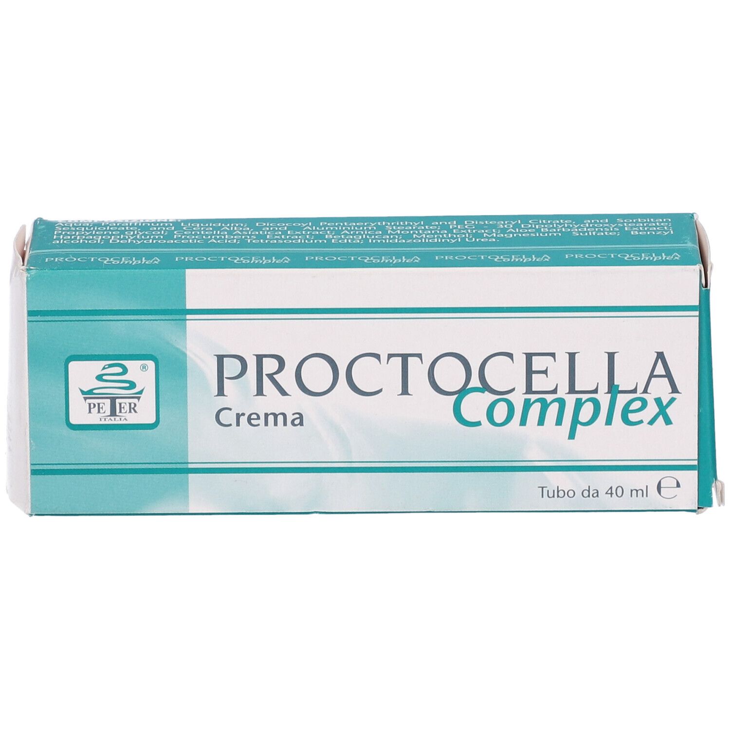 Confezione in cartone turchese con nome e logo del prodotto. Volume: 40 ml. Nome prodotto: Proctocella Complex Crema.