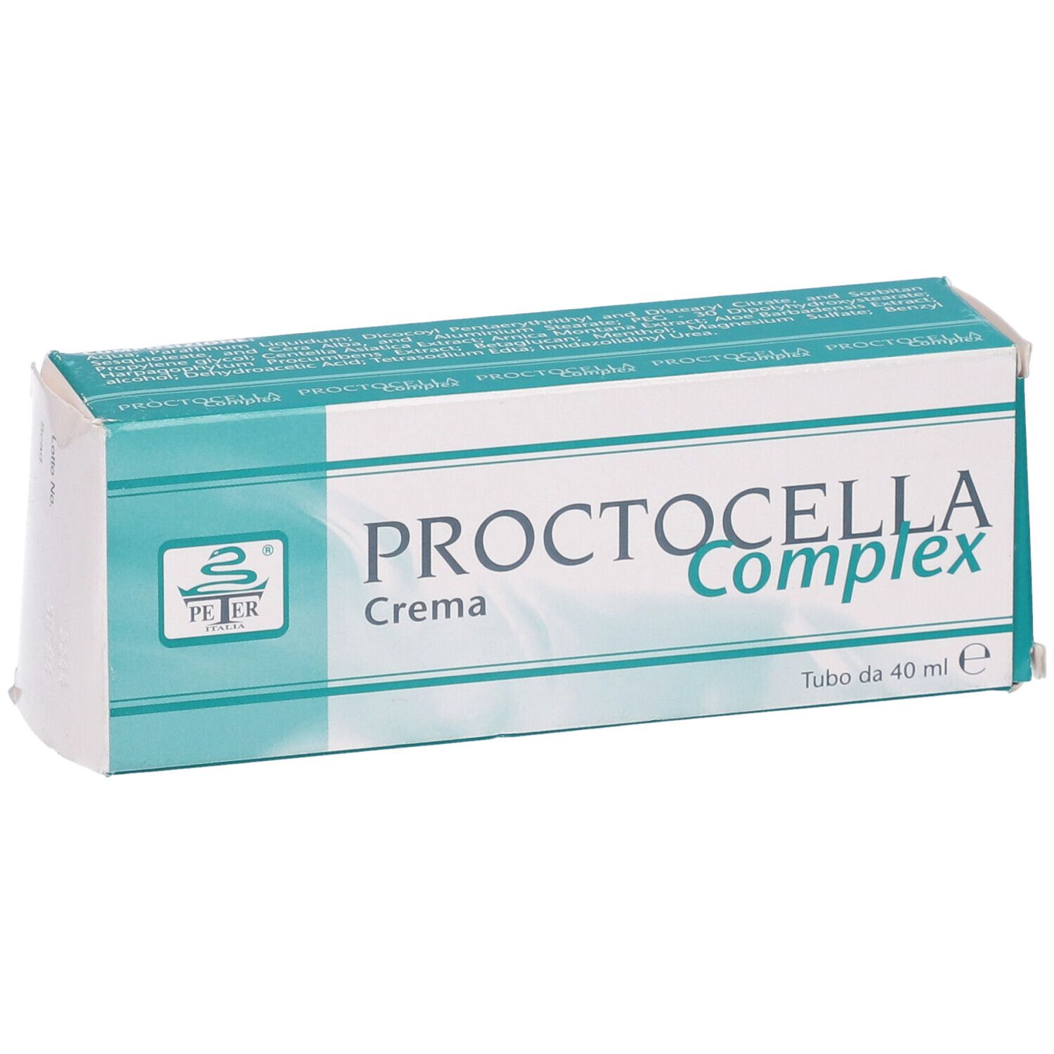 Confezione in cartone turchese con nome e logo del prodotto. Volume: 40 ml. Nome prodotto: Proctocella Complex Crema.