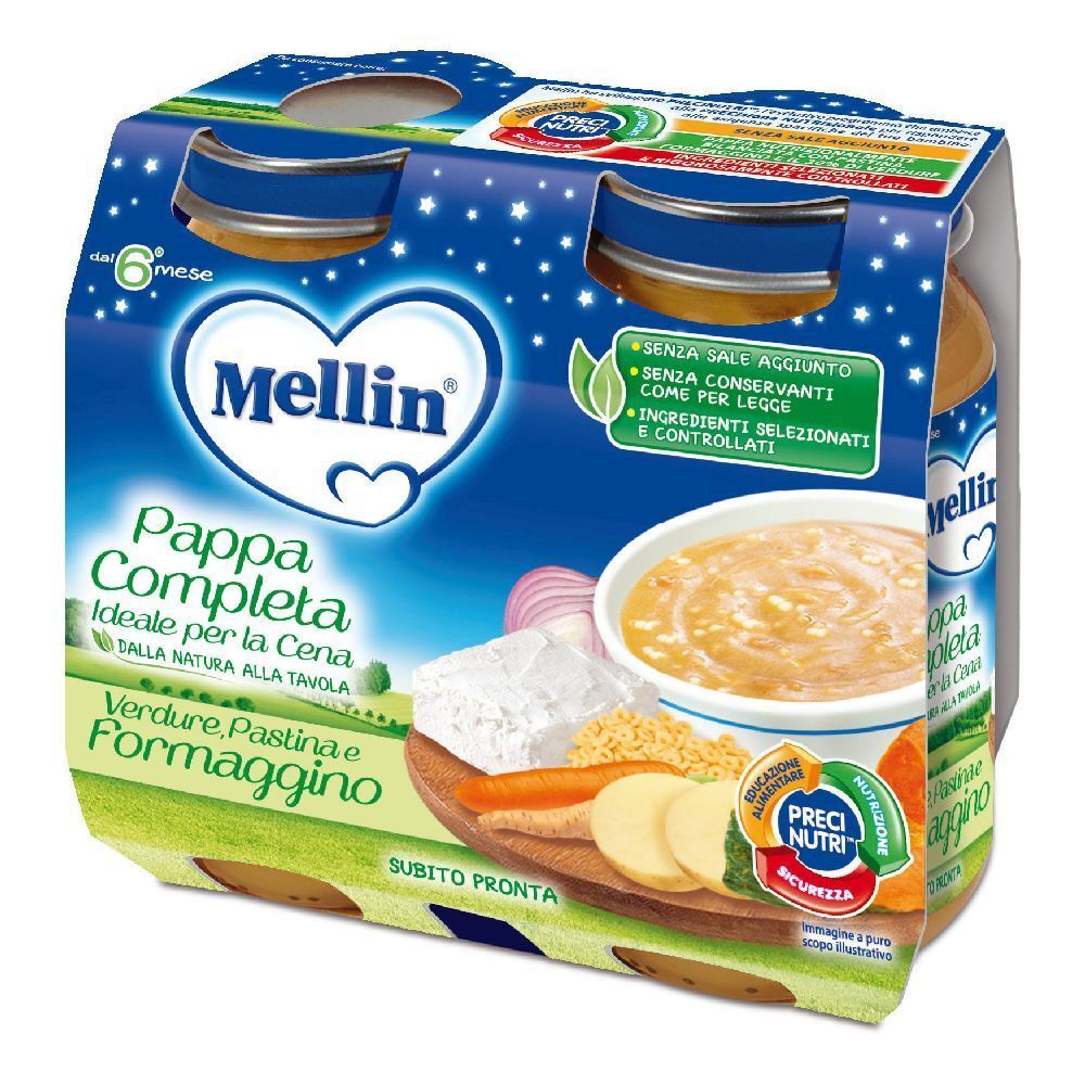 Confezione da quattro vasetti di alimenti per l'infanzia. Scritta: Mellin, Pappa Completa, con verdure, pastina e formaggino. Stelle e ingredienti illustrati.