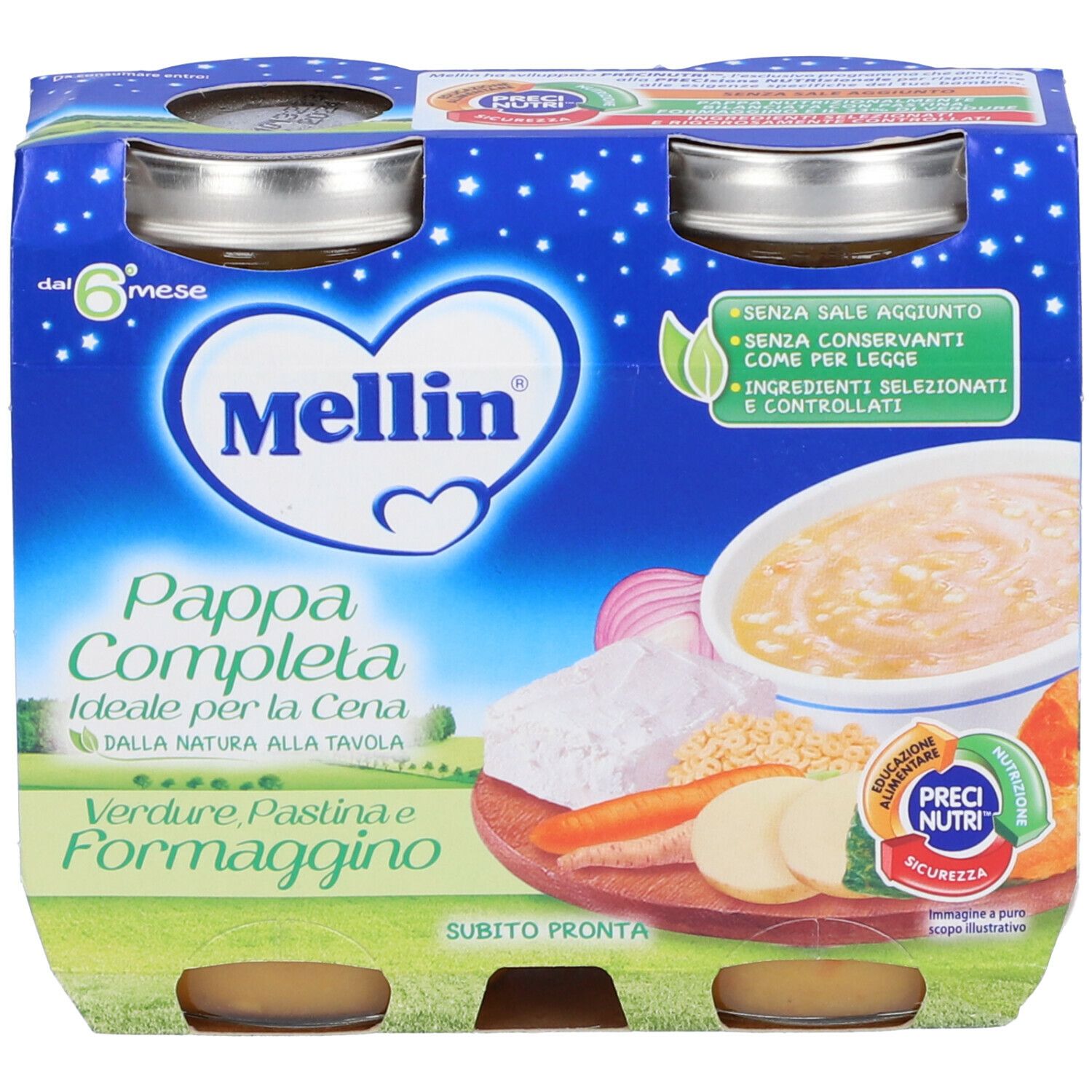 Confezione da quattro vasetti di alimenti per l'infanzia. Scritta: Mellin, Pappa Completa, con verdure, pastina e formaggino. Stelle e ingredienti illustrati.