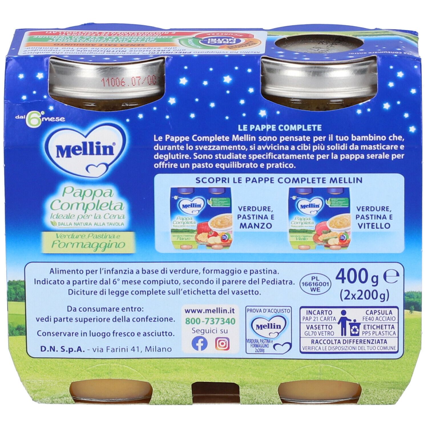 Retro della confezione da quattro vasetti di alimenti per l'infanzia. Scritta: Mellin, Pappa Completa. Informazioni d'uso e ingredienti.