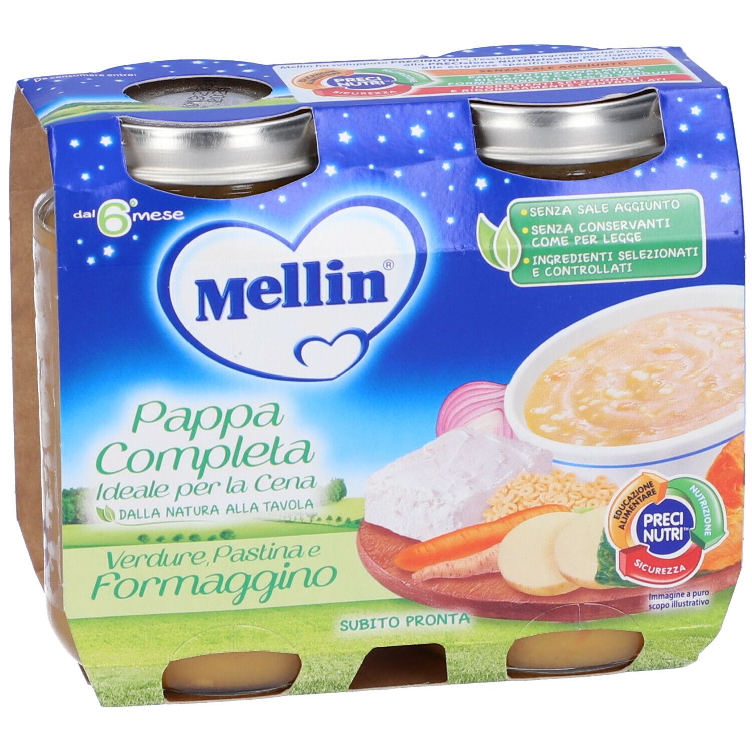 Confezione da quattro vasetti di alimenti per l'infanzia. Scritta: Mellin, Pappa Completa, con verdure, pastina e formaggino. Stelle e ingredienti illustrati.