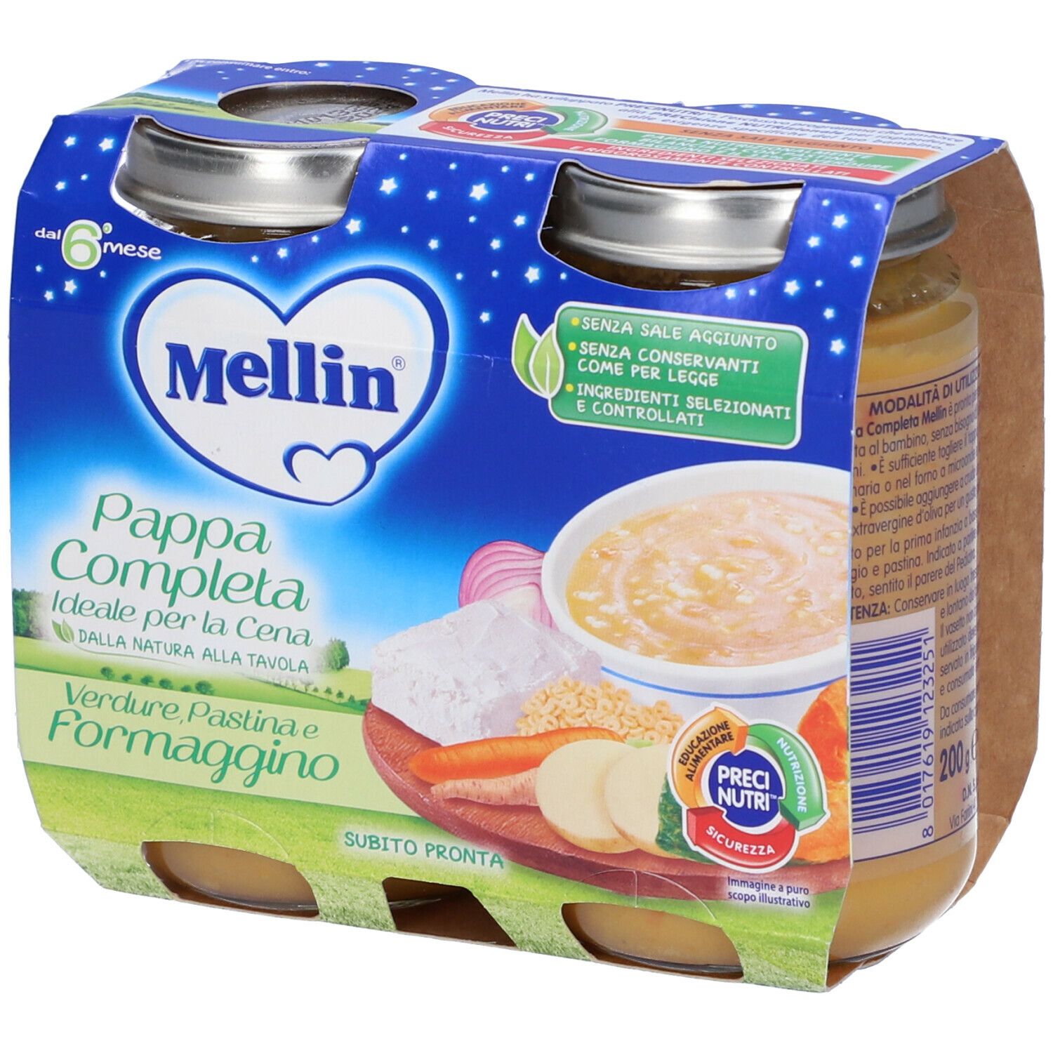 Confezione da quattro vasetti di alimenti per l'infanzia. Scritta: Mellin, Pappa Completa, con verdure, pastina e formaggino. Stelle e ingredienti illustrati.