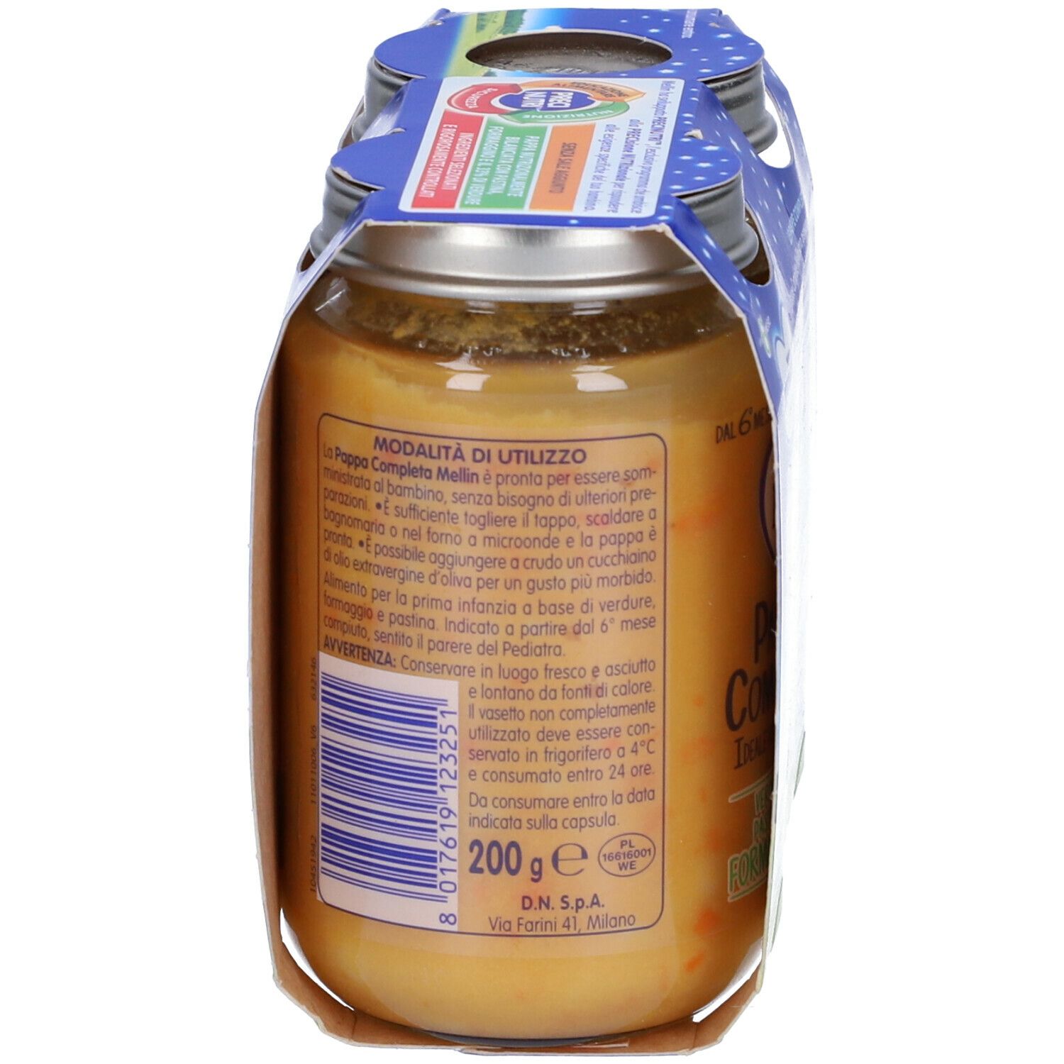 Vasetto di alimenti per l'infanzia, vista laterale. Scritta: Mellin, Pappa Completa. Informazioni d'uso e ingredienti. 200g.