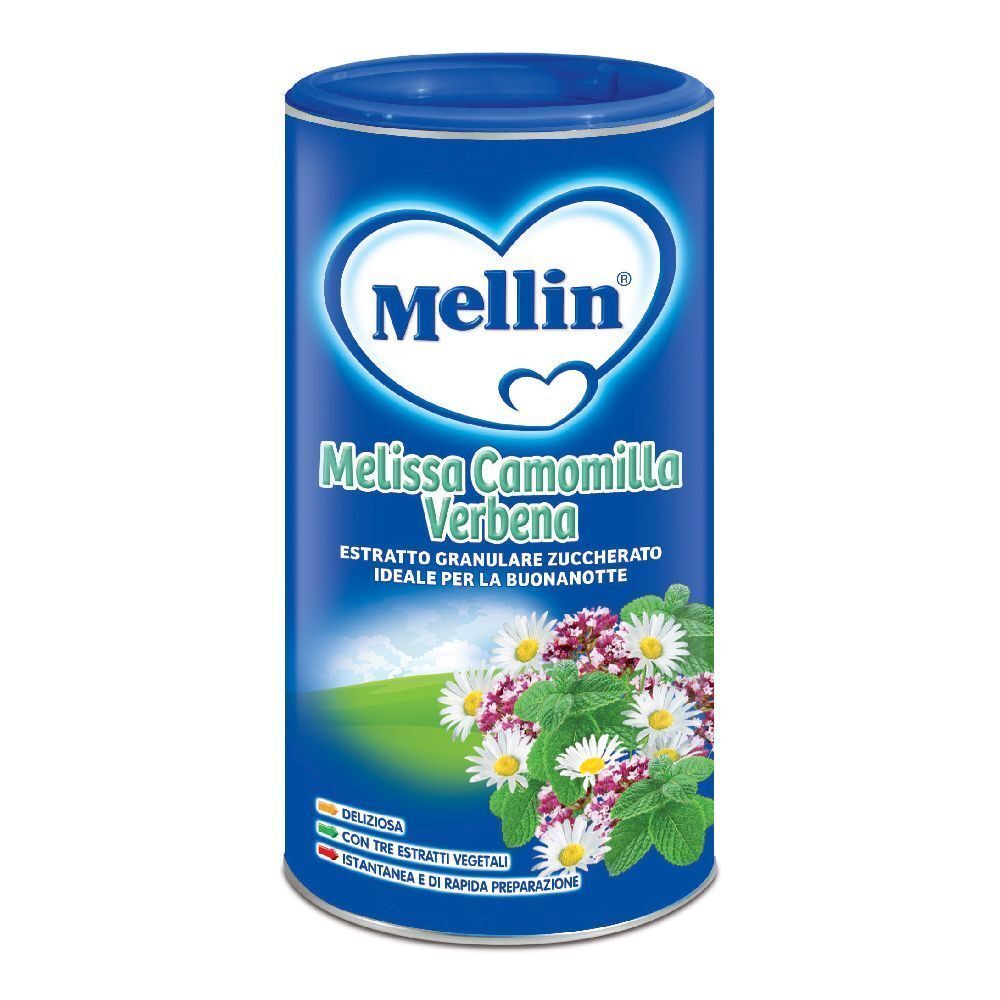 Barattolo blu Mellin, Melissa Camomilla Verbena. Estratto granulare di erbe. Illustrazione di fiori e foglie.