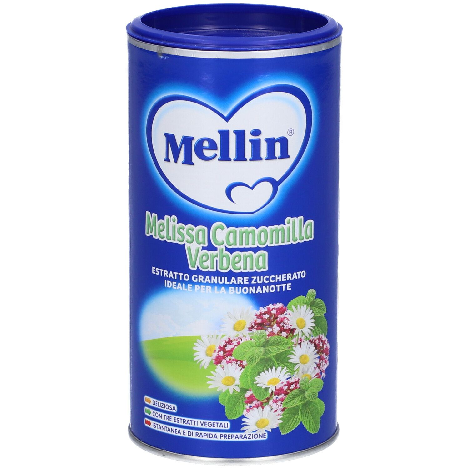 Barattolo blu Mellin, Melissa Camomilla Verbena. Estratto granulare di erbe. Illustrazione di fiori e foglie.