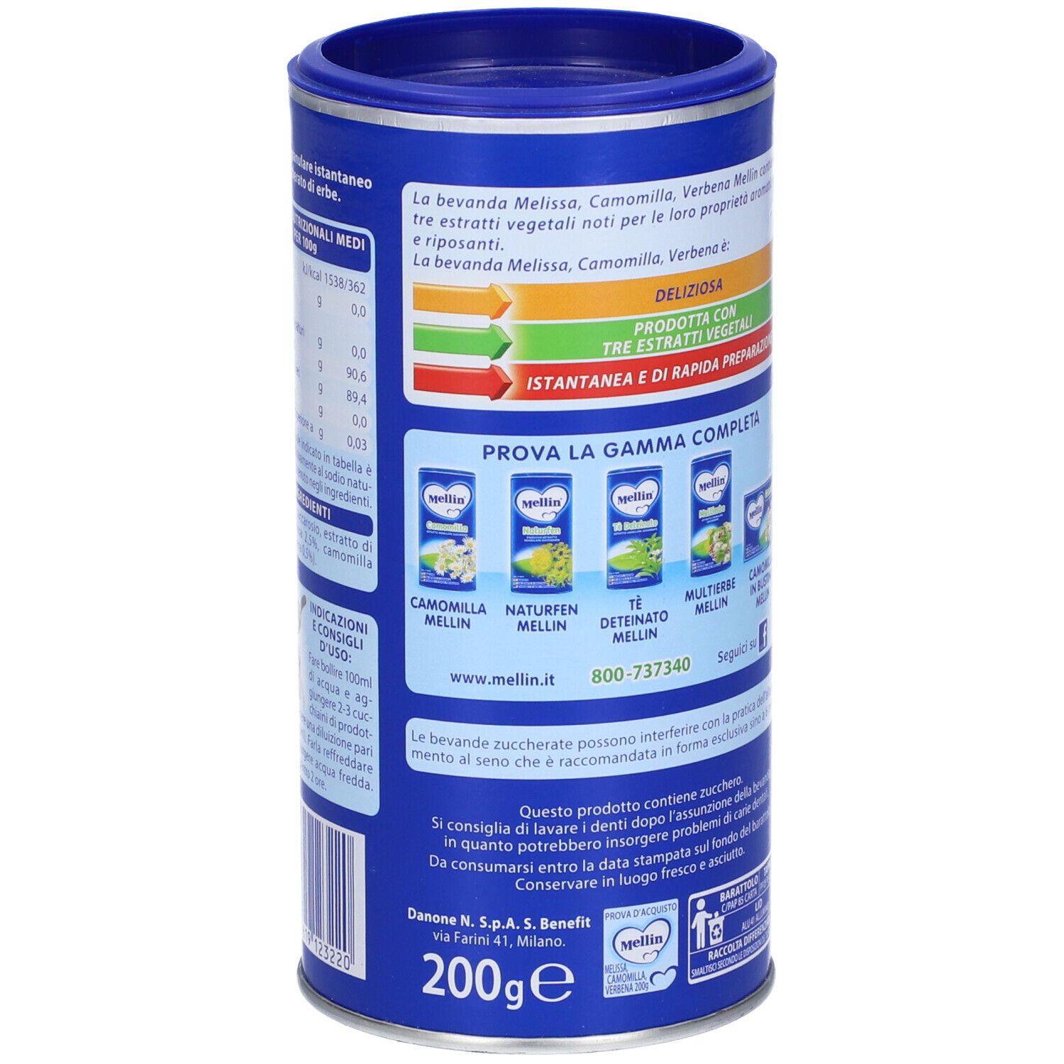 Latto blu, retro con testo: Mellin, Melissa Camomilla Verbena. Informazioni, valori nutrizionali, loghi.
