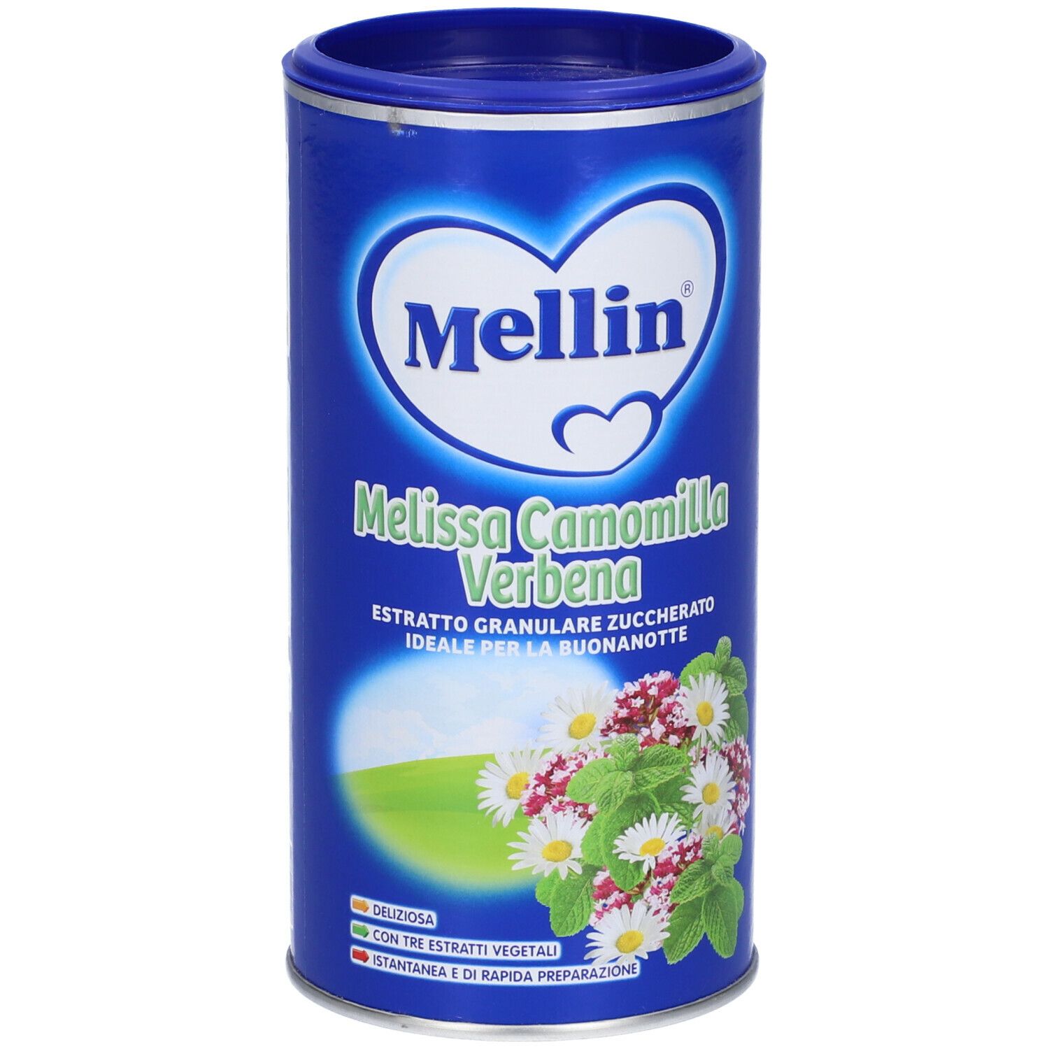 Barattolo blu Mellin, Melissa Camomilla Verbena. Estratto granulare di erbe. Illustrazione di fiori e foglie.