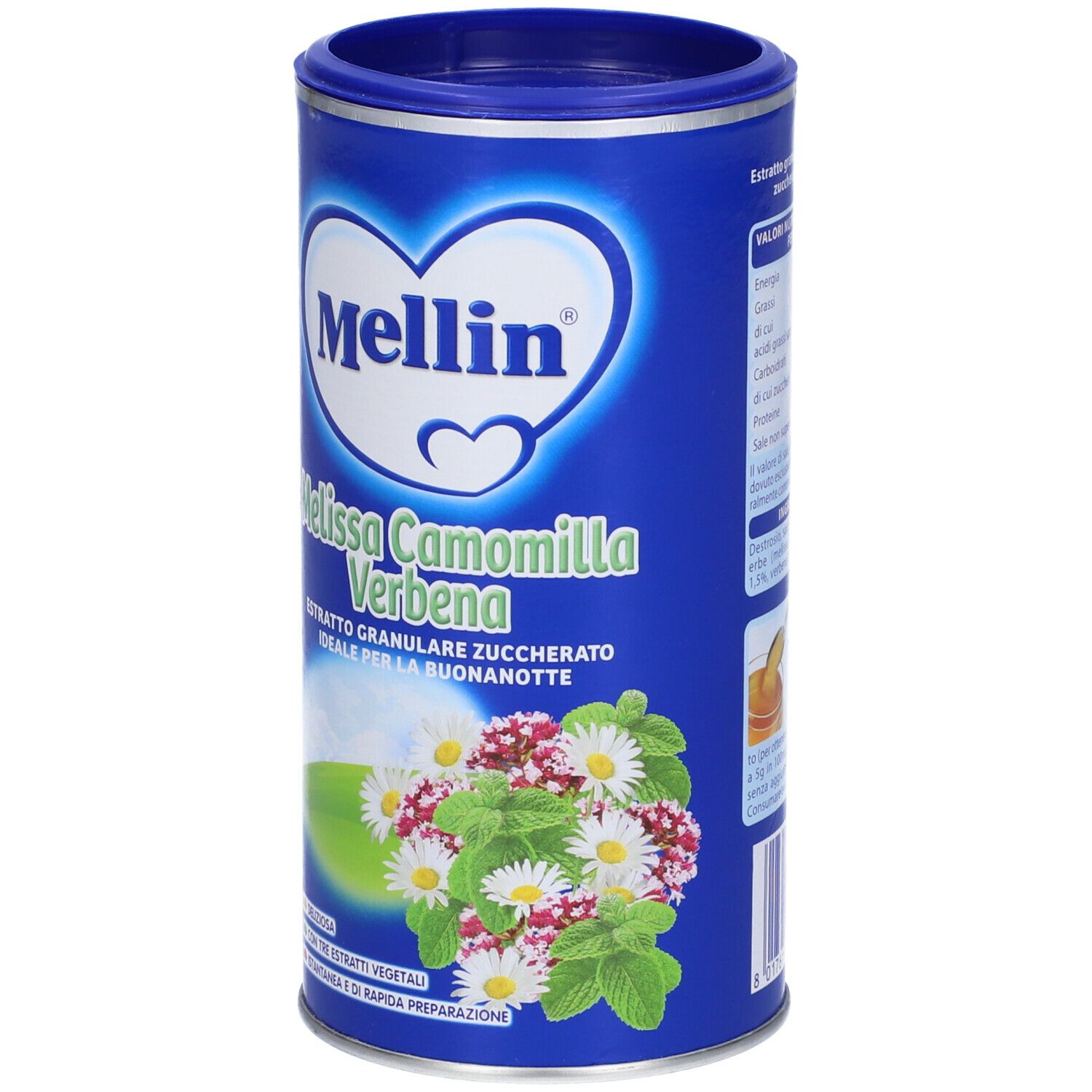 Barattolo blu Mellin, Melissa Camomilla Verbena. Estratto granulare di erbe. Illustrazione di fiori e foglie.