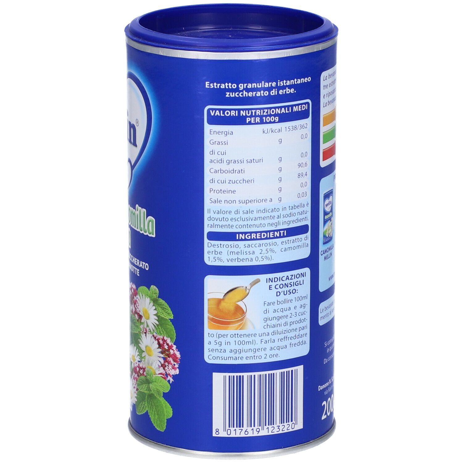 Latto blu, retro con testo: Mellin, Melissa Camomilla Verbena. Valori nutrizionali, ingredienti, istruzioni per l'uso.