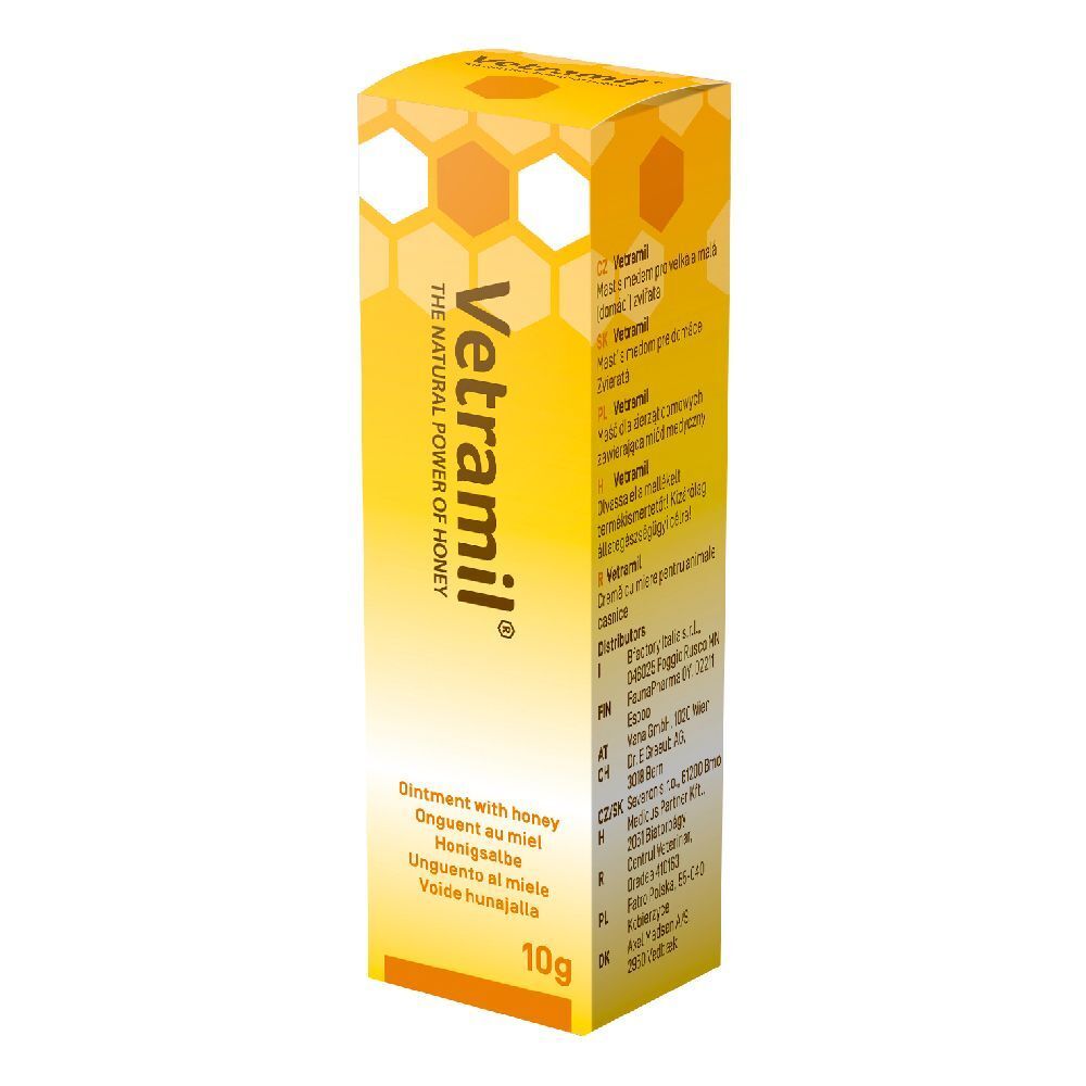 Scatola gialla. Scritta Vetramil, unguento al miele, 10g. Design a nido d'ape.
