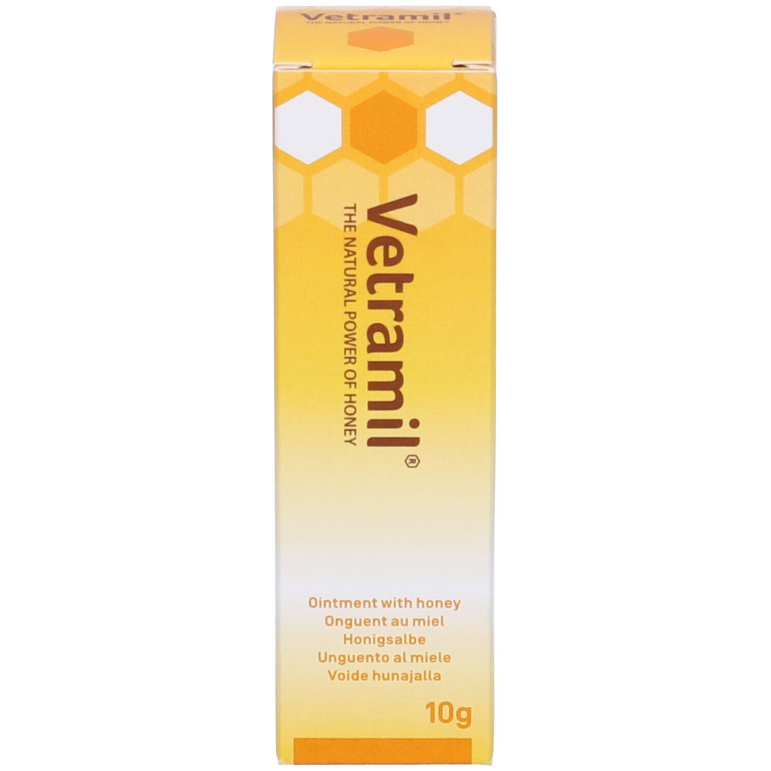 Scatola gialla. Scritta Vetramil, unguento al miele, 10g. Design a nido d'ape.