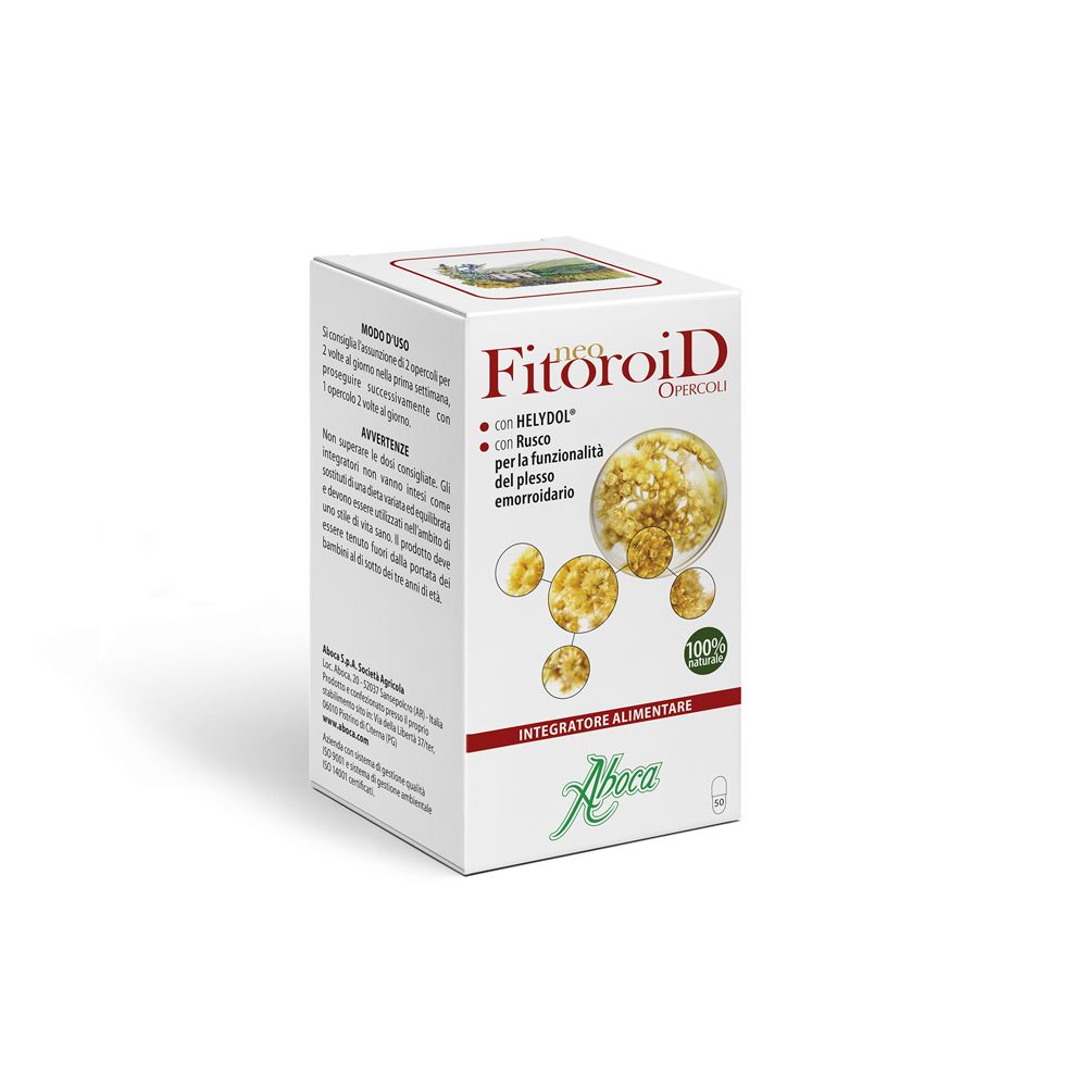 Boîte blanche avec image et texte du produit. Marque : Aboca. Produit : NeoFitoroid. Avec Helidrol et Rusco.
