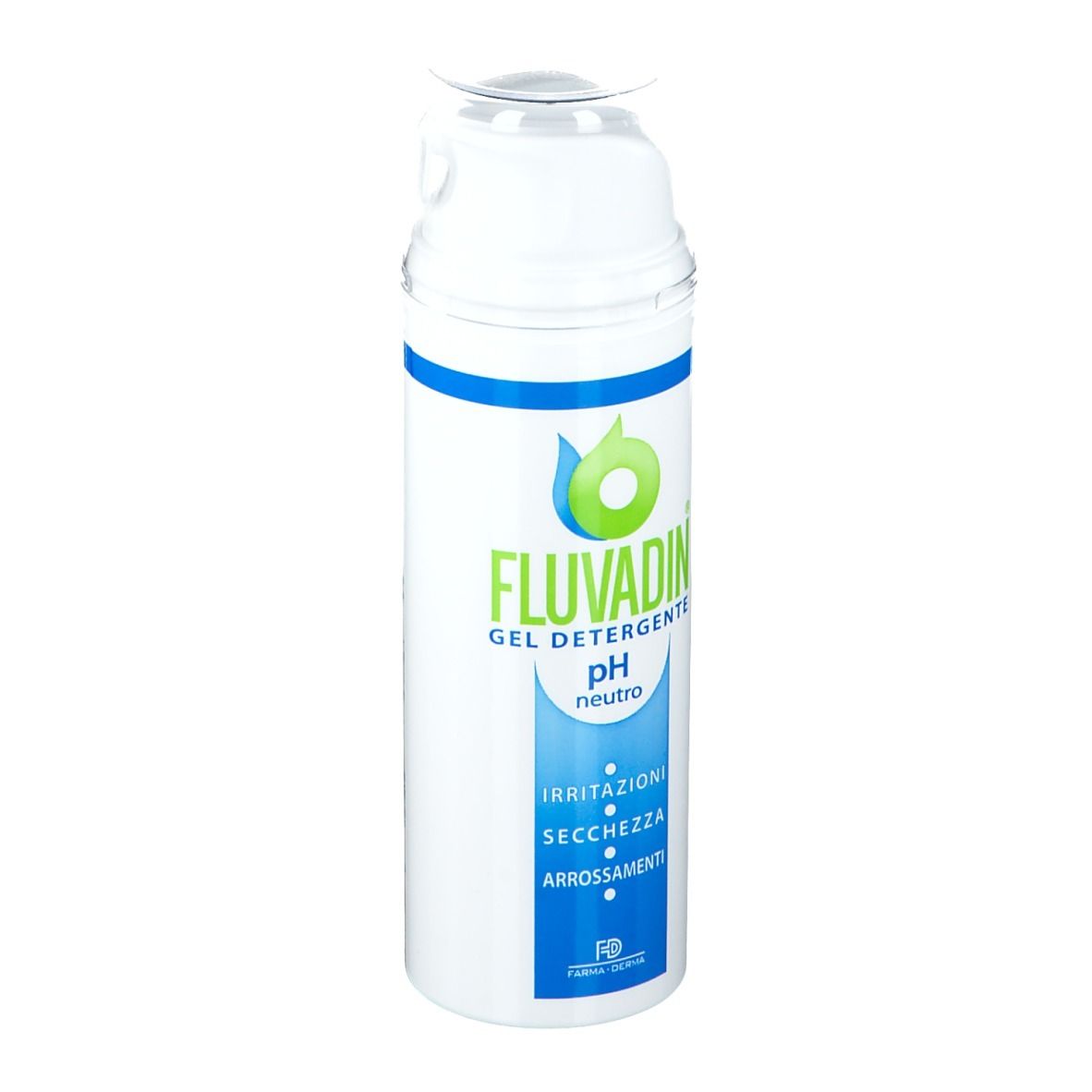 Flacone bianco-blu con logo verde e testo: FLUVADIN Gel Detergente pH neutro. Contro irritazioni, secchezza, arrossamenti.